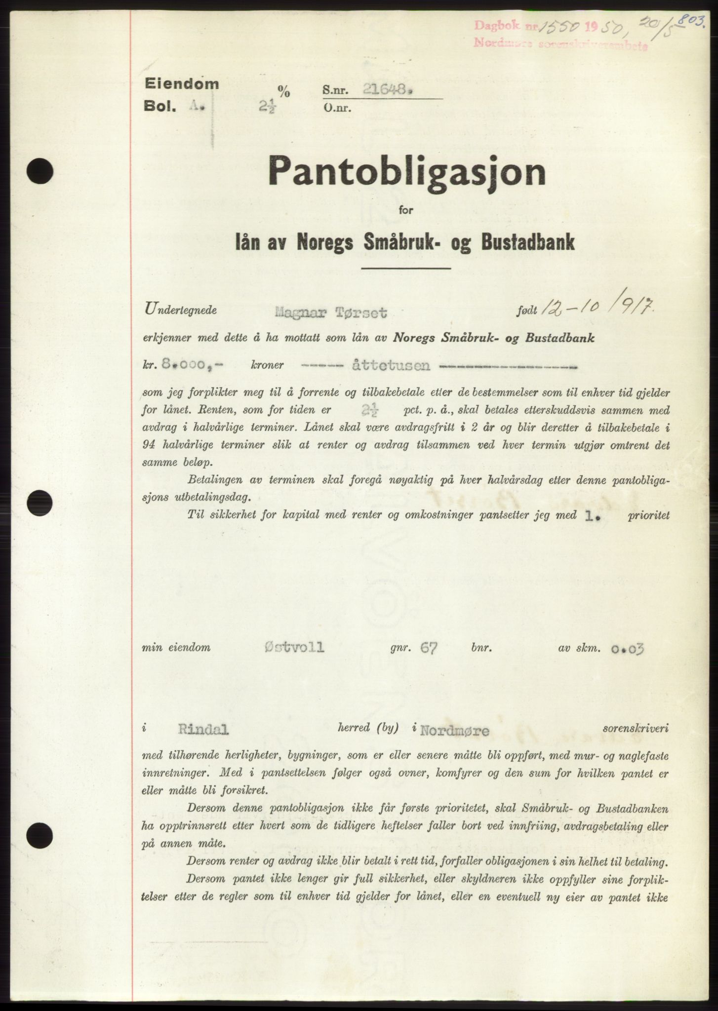 Nordmøre sorenskriveri, SAT/A-4132/1/2/2Ca: Pantebok nr. B104, 1950-1950, Dagboknr: 1550/1950