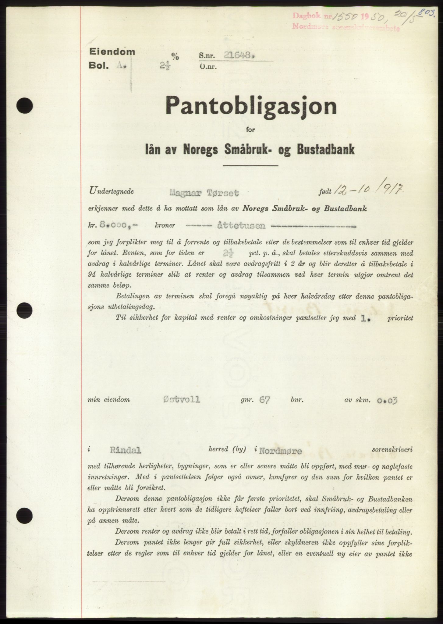 Nordmøre sorenskriveri, AV/SAT-A-4132/1/2/2Ca: Pantebok nr. B104, 1950-1950, Dagboknr: 1550/1950