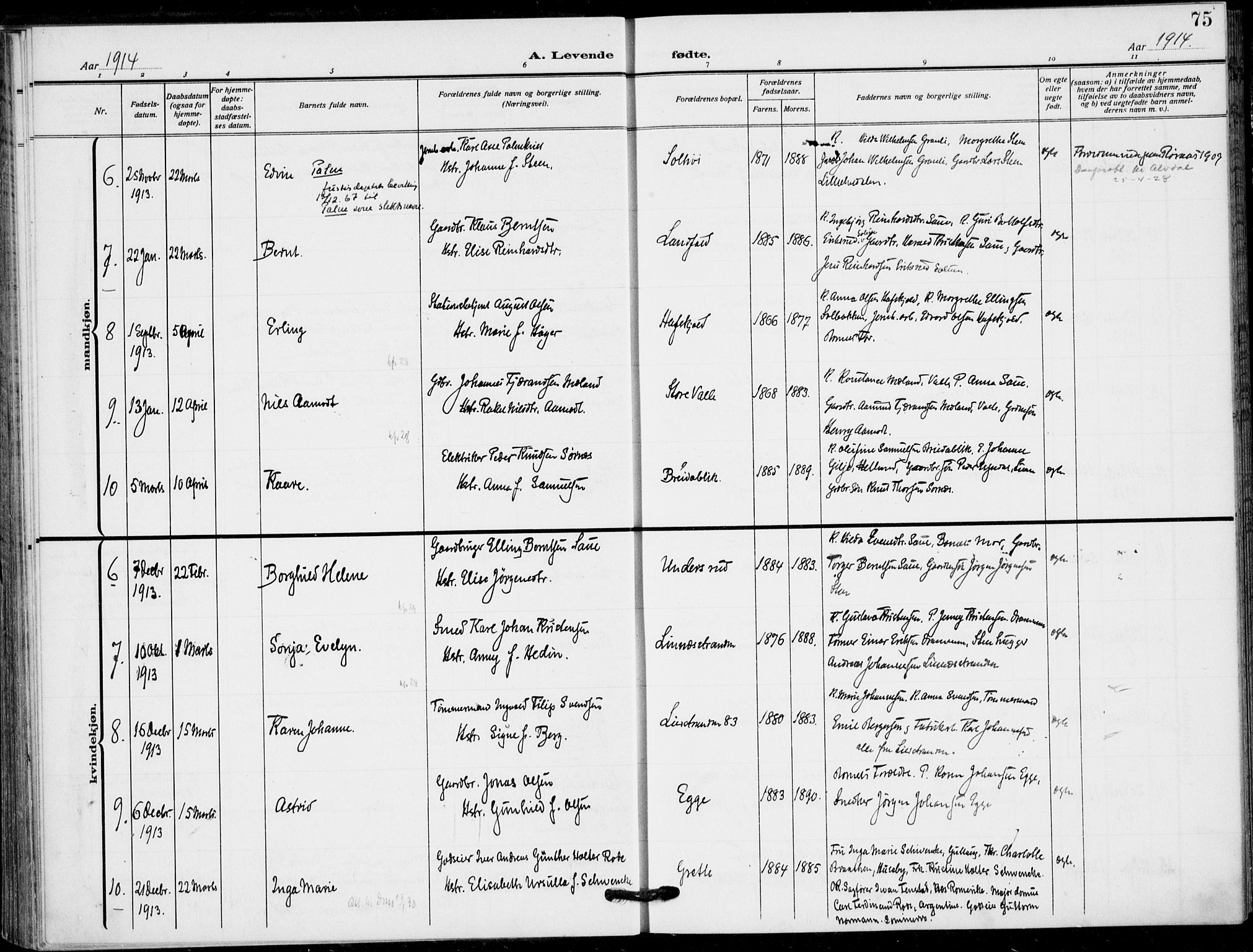 Lier kirkebøker, AV/SAKO-A-230/F/Fa/L0018: Ministerialbok nr. I 18, 1909-1917, s. 75