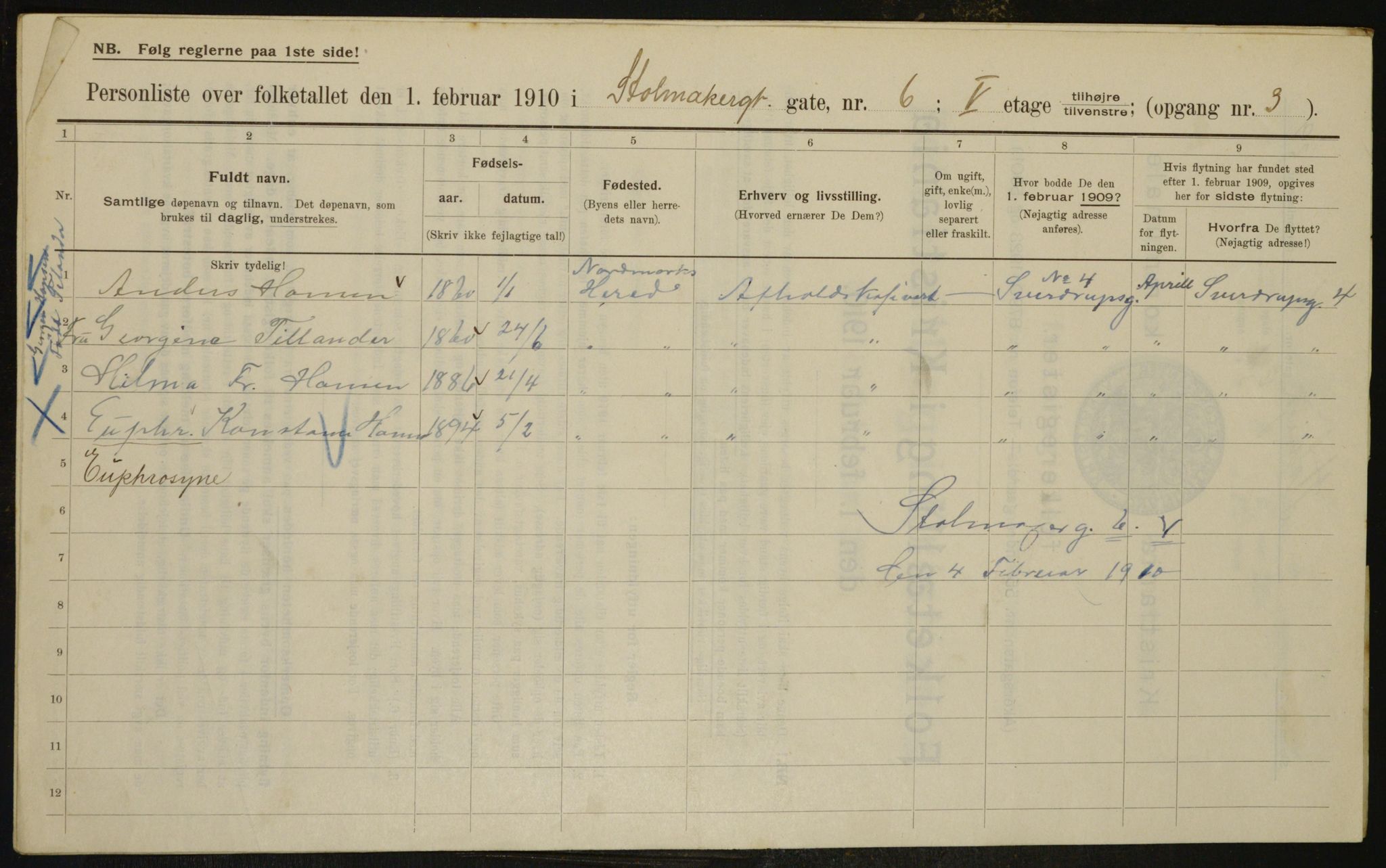 OBA, Kommunal folketelling 1.2.1910 for Kristiania, 1910, s. 97516