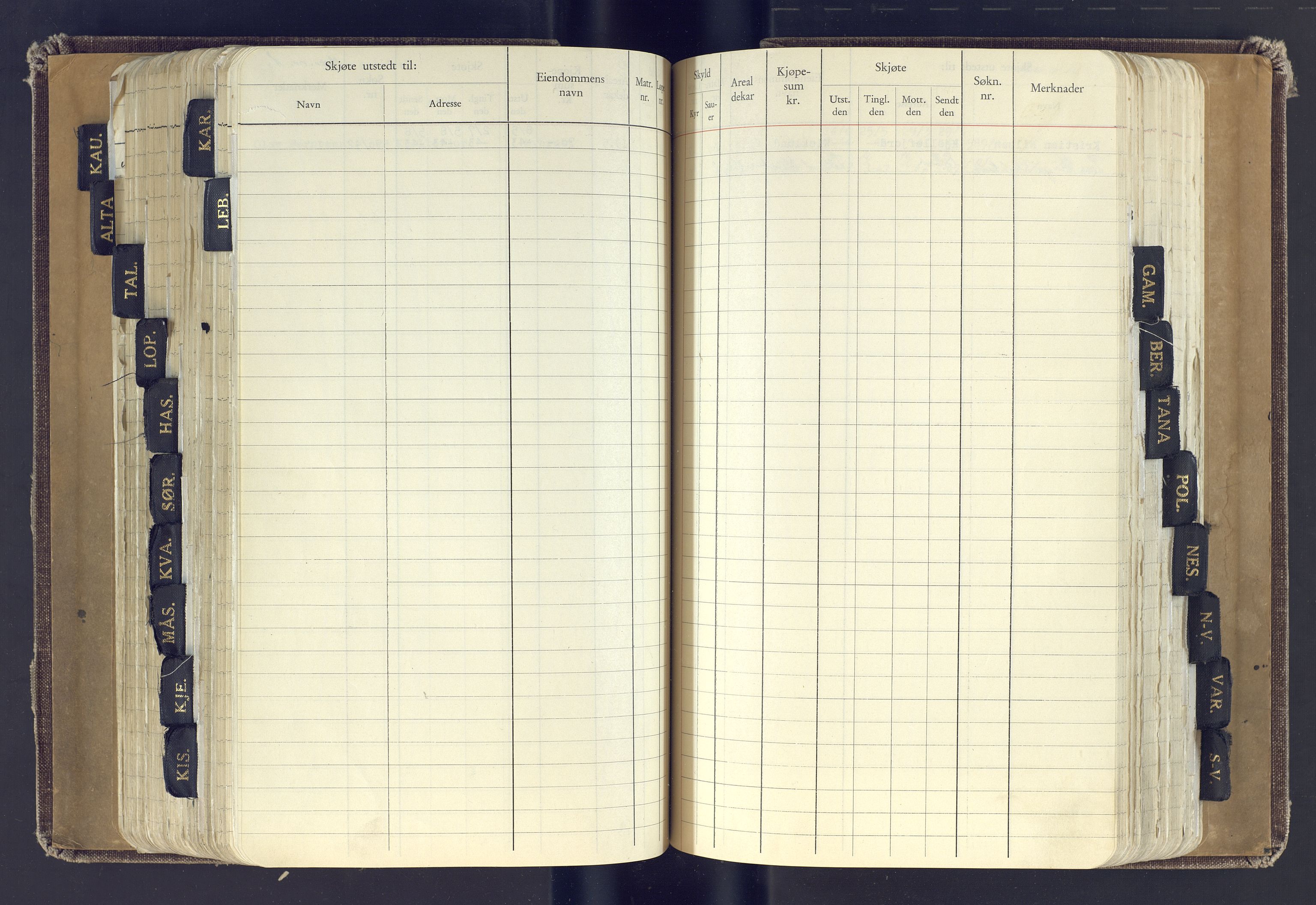 Finnmark jordsalgskommisjon/jordsalgskontor og Statskog SF Finnmark jordsalgskontor, AV/SATØ-S-1443/J/Jc/L0001: Skjøtebok, 1932-1983