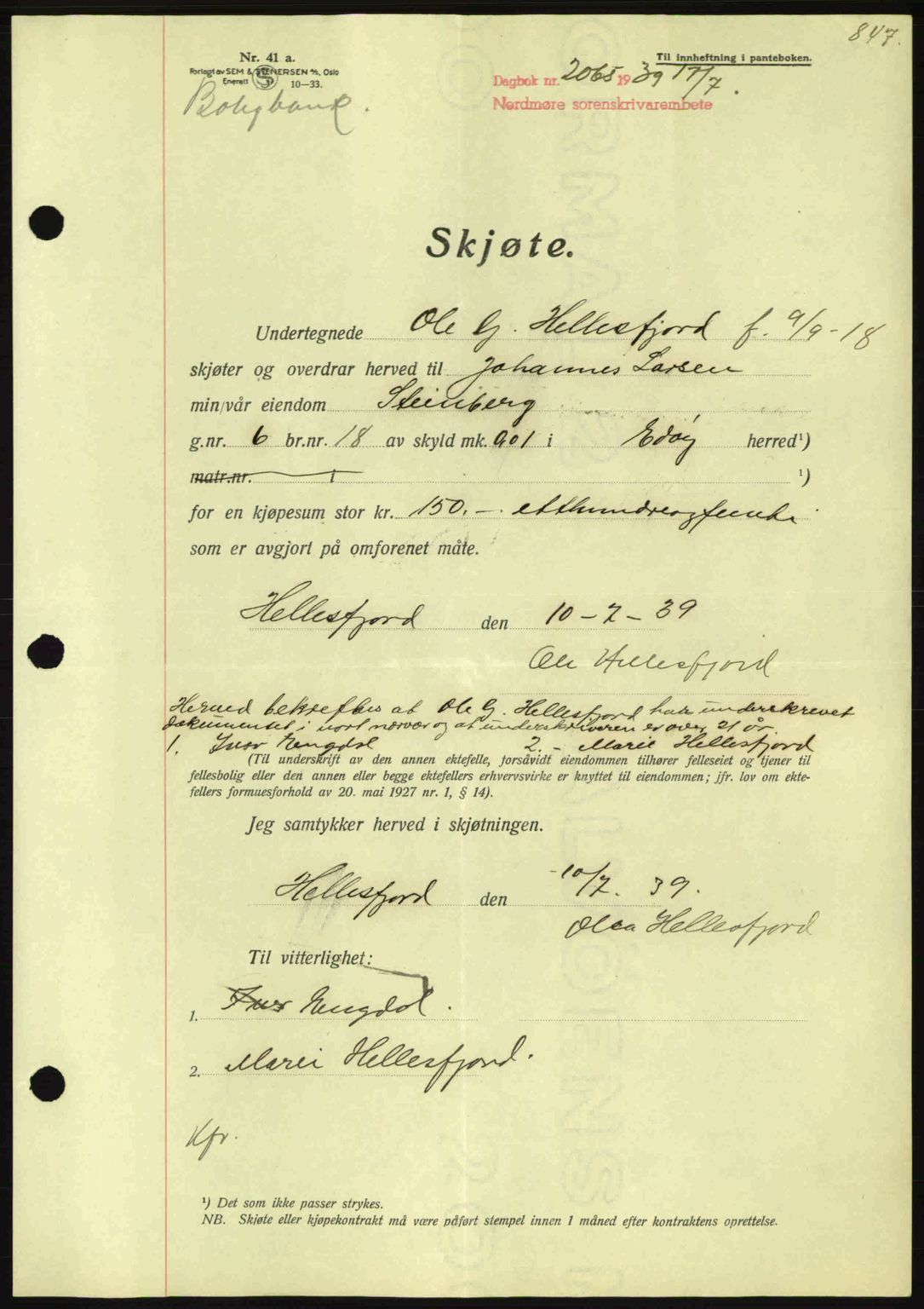 Nordmøre sorenskriveri, SAT/A-4132/1/2/2Ca: Pantebok nr. A86, 1939-1939, Dagboknr: 2065/1939