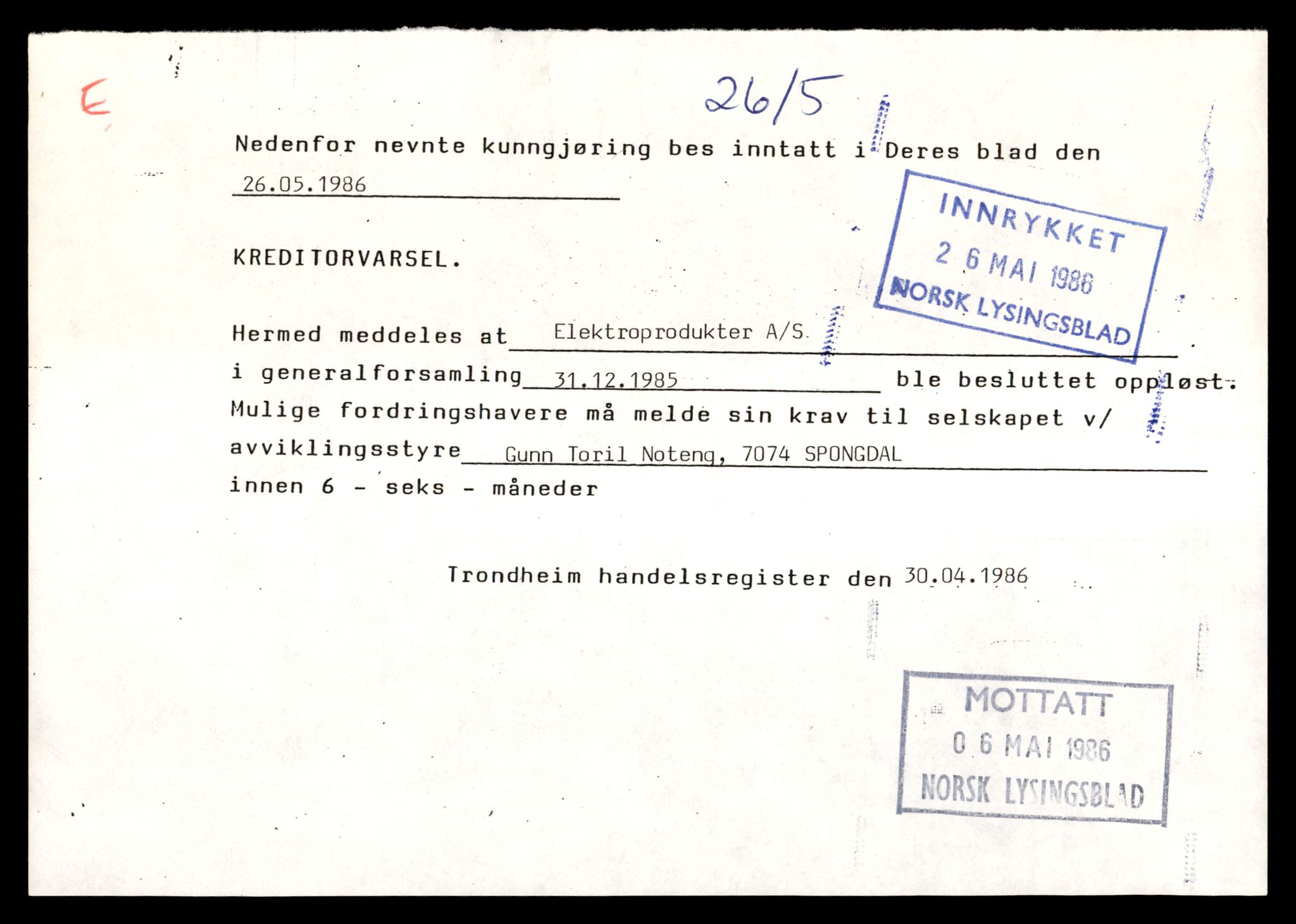 Trondheim byfogd, SAT/A-0003/2/J/Jd/Jda/L0016: Bilag, aksjeselskap, El-Ep, 1944-1990, s. 1