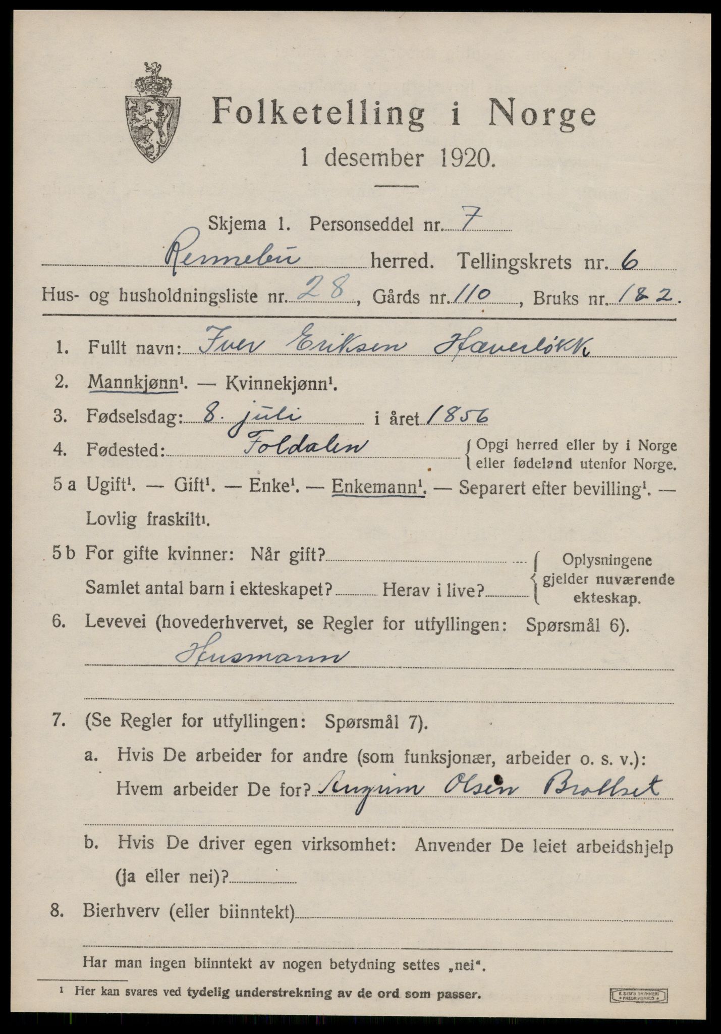 SAT, Folketelling 1920 for 1635 Rennebu herred, 1920, s. 4764