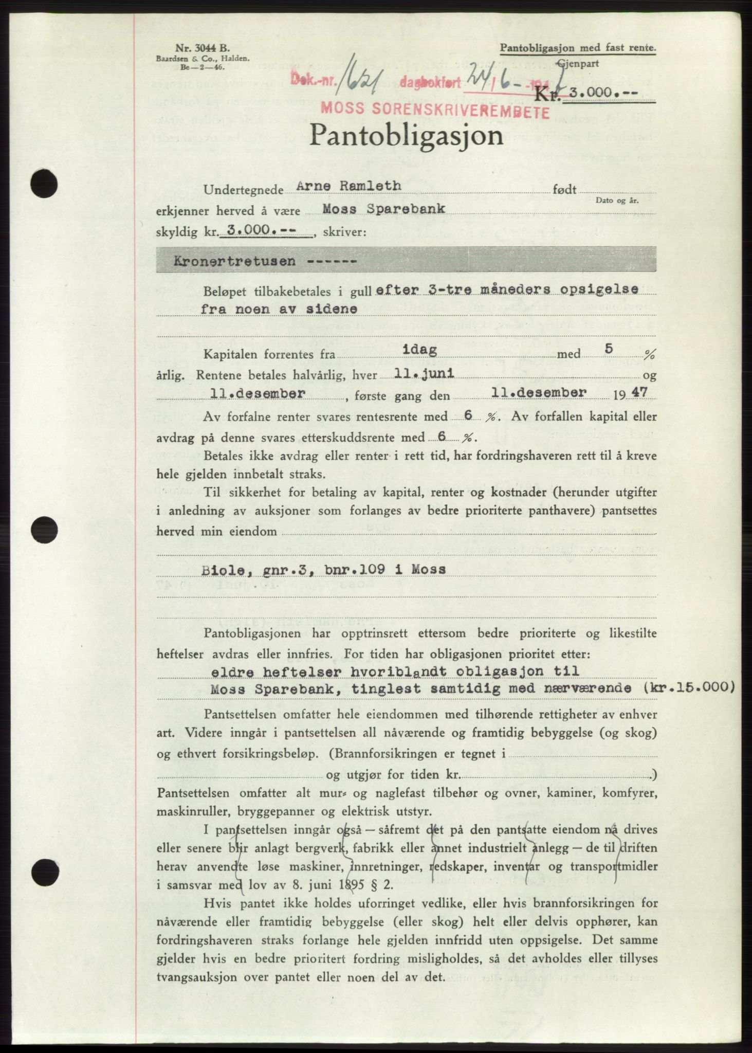 Moss sorenskriveri, SAO/A-10168: Pantebok nr. B17, 1947-1947, Dagboknr: 1621/1947