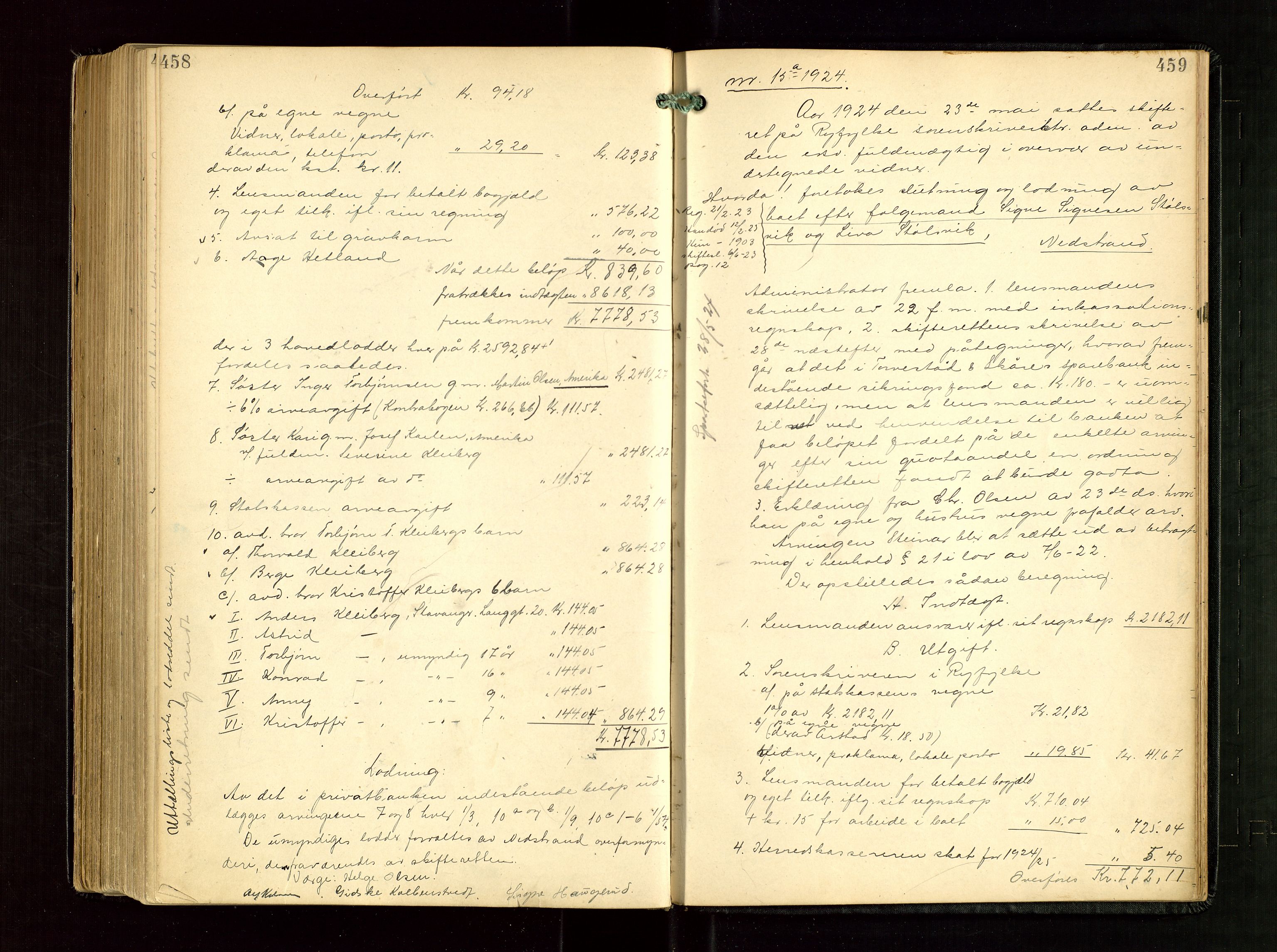Ryfylke tingrett, AV/SAST-A-100055/001/IV/IVG/L0005: Skifteudlodningsprotokoll Med register, 1918-1924, s. 458-459