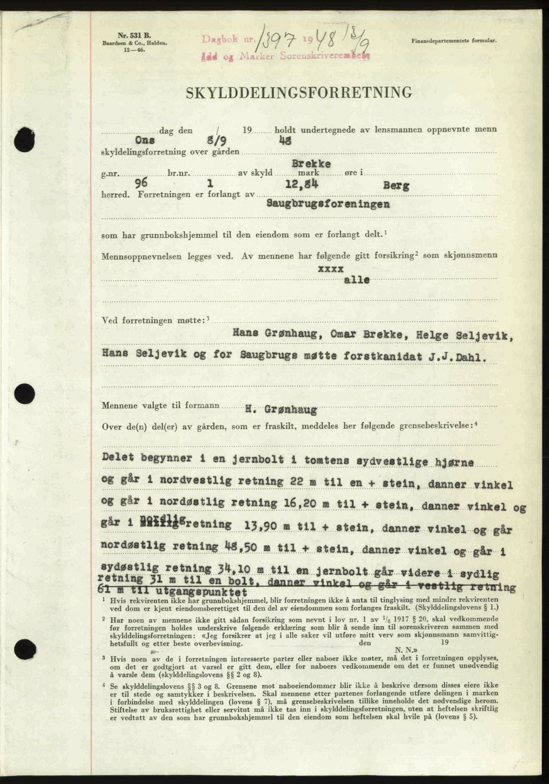 Idd og Marker sorenskriveri, SAO/A-10283/G/Gb/Gbb/L0011: Pantebok nr. A11, 1948-1949, Dagboknr: 1397/1948