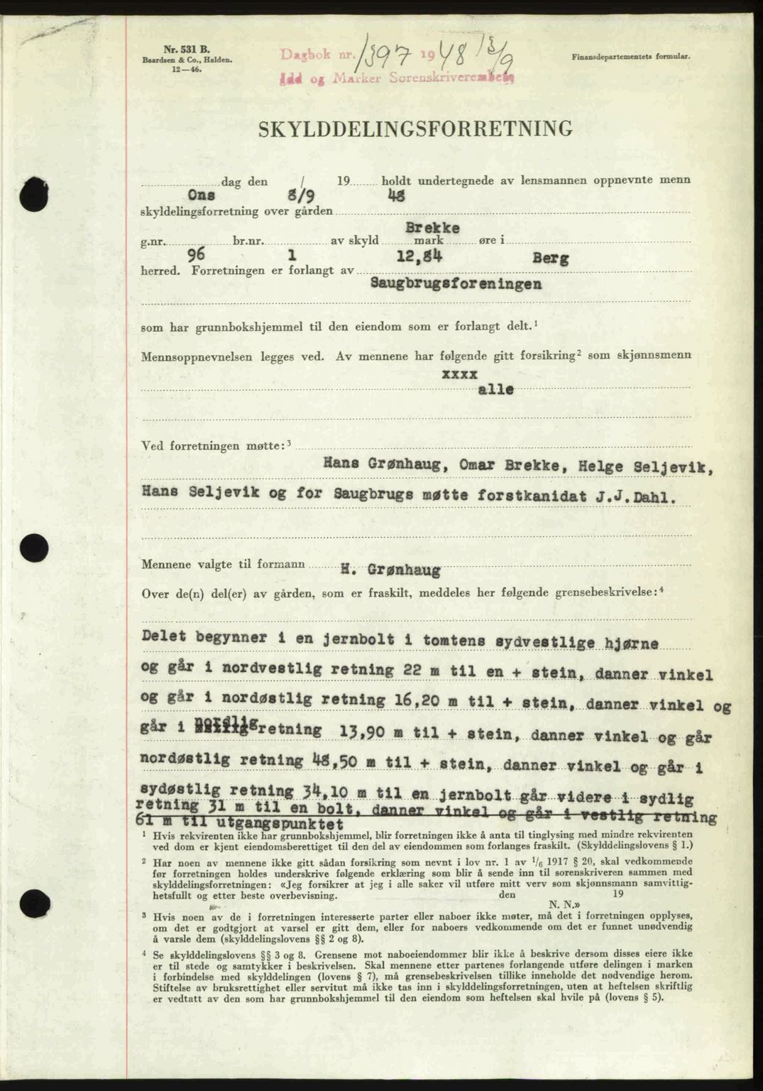 Idd og Marker sorenskriveri, AV/SAO-A-10283/G/Gb/Gbb/L0011: Pantebok nr. A11, 1948-1949, Dagboknr: 1397/1948