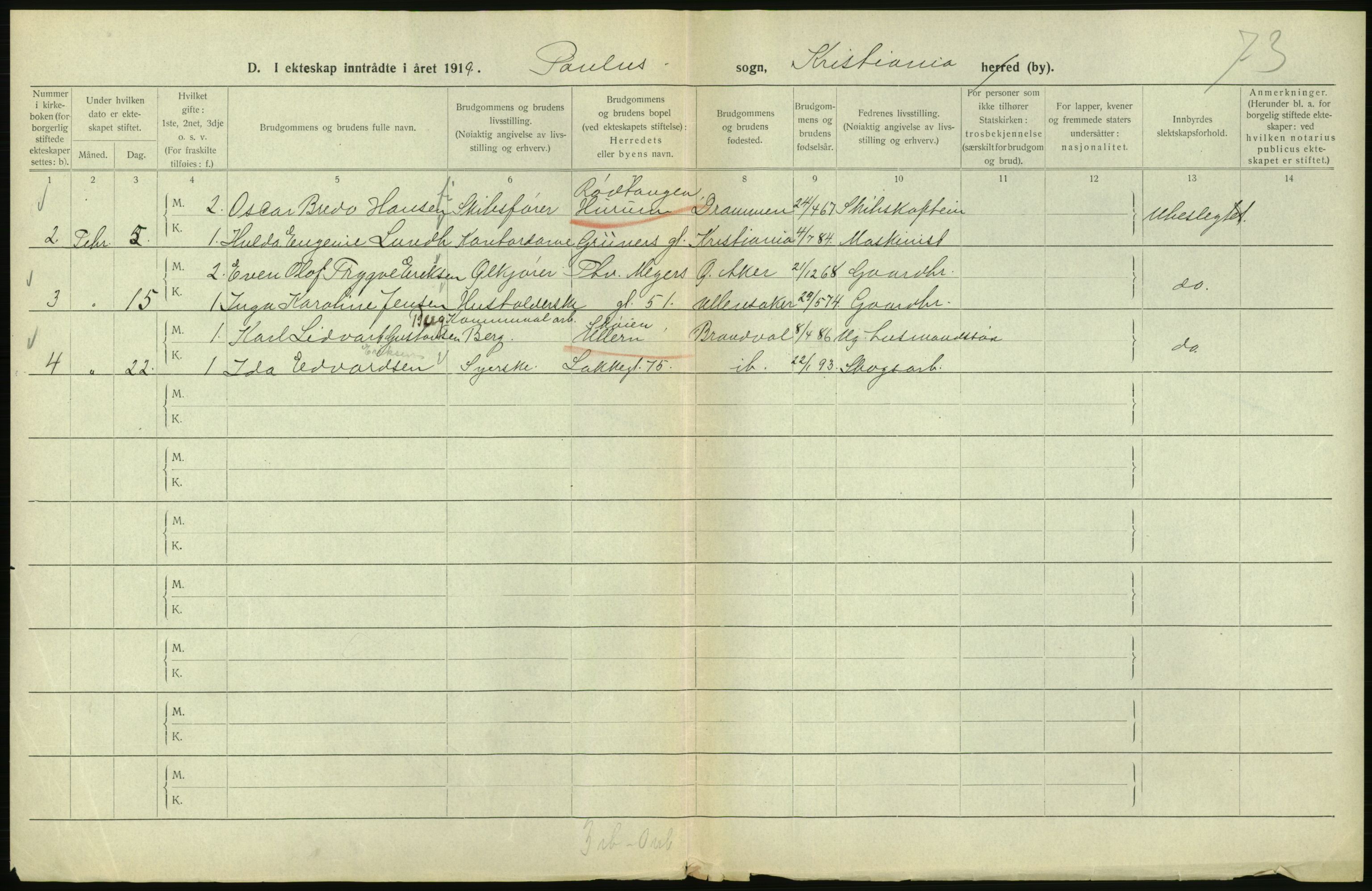 Statistisk sentralbyrå, Sosiodemografiske emner, Befolkning, AV/RA-S-2228/D/Df/Dfb/Dfbi/L0009: Kristiania: Gifte, 1919, s. 602