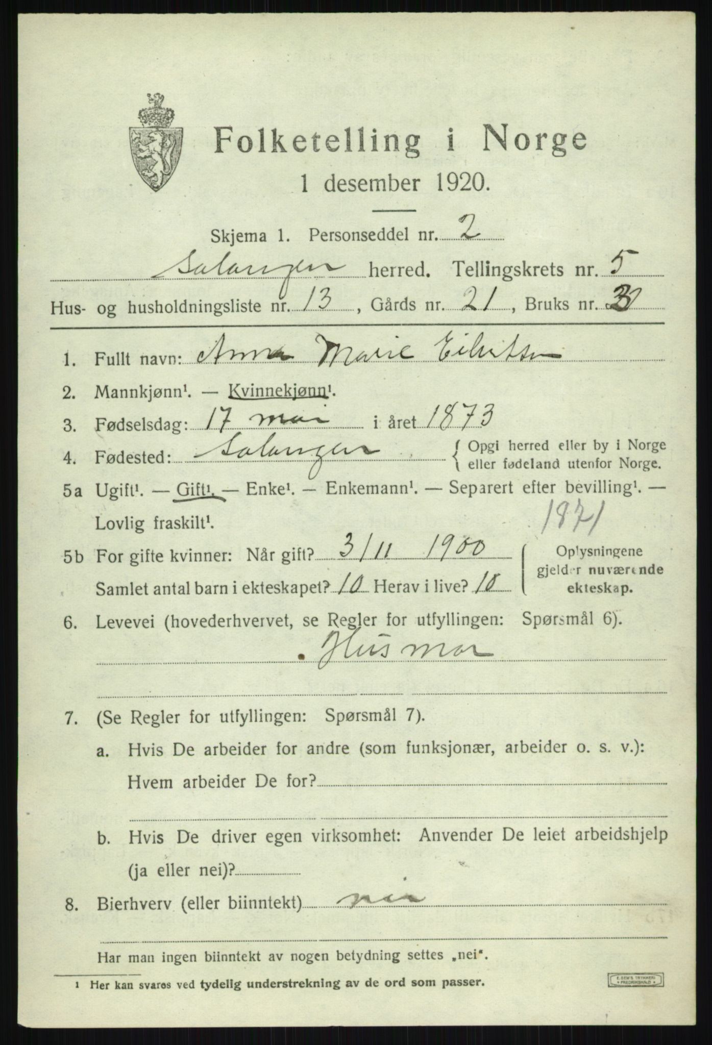 SATØ, Folketelling 1920 for 1921 Salangen herred, 1920, s. 3506