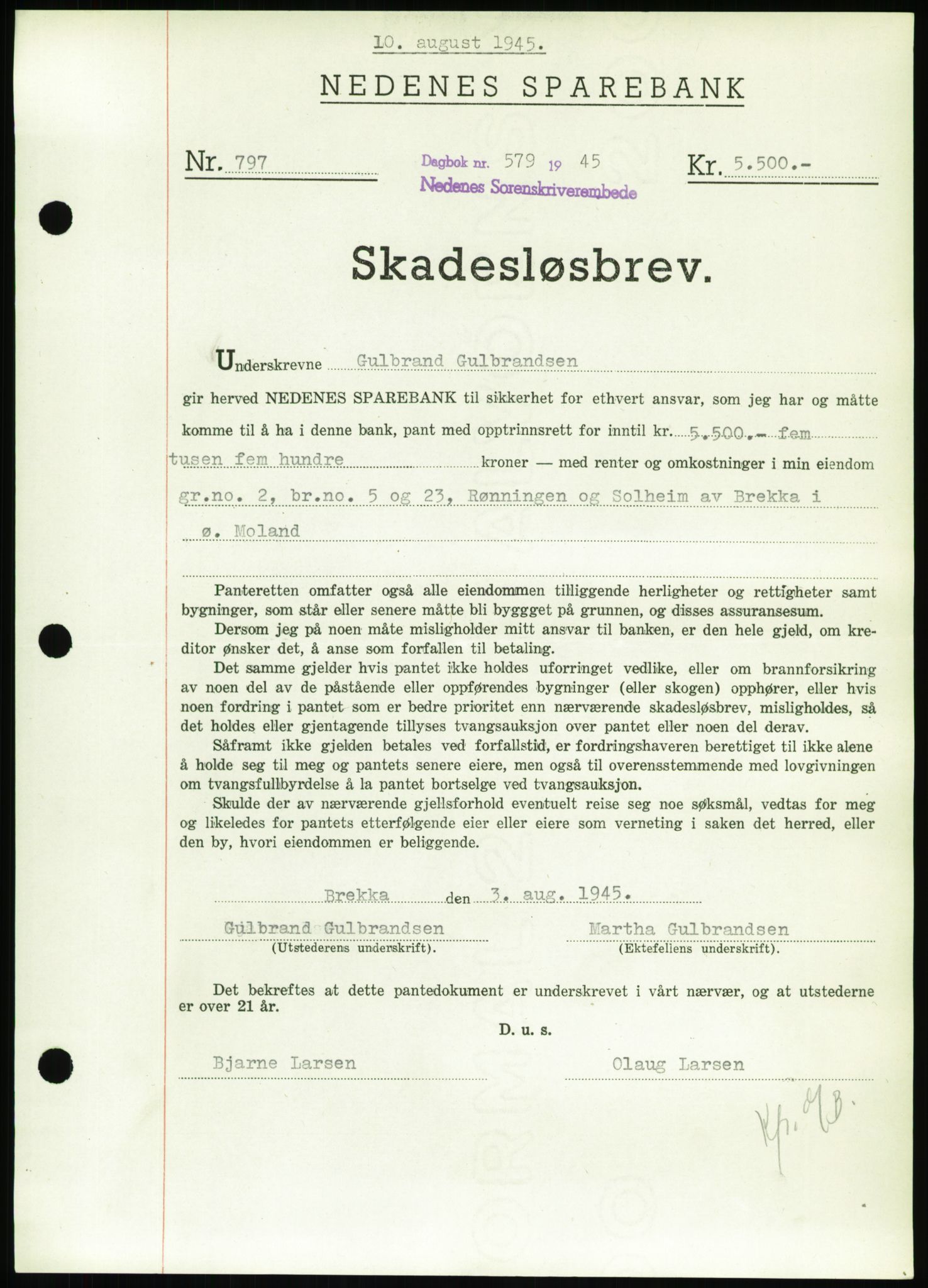 Nedenes sorenskriveri, SAK/1221-0006/G/Gb/Gbb/L0002: Pantebok nr. II, 1942-1945, Dagboknr: 579/1945