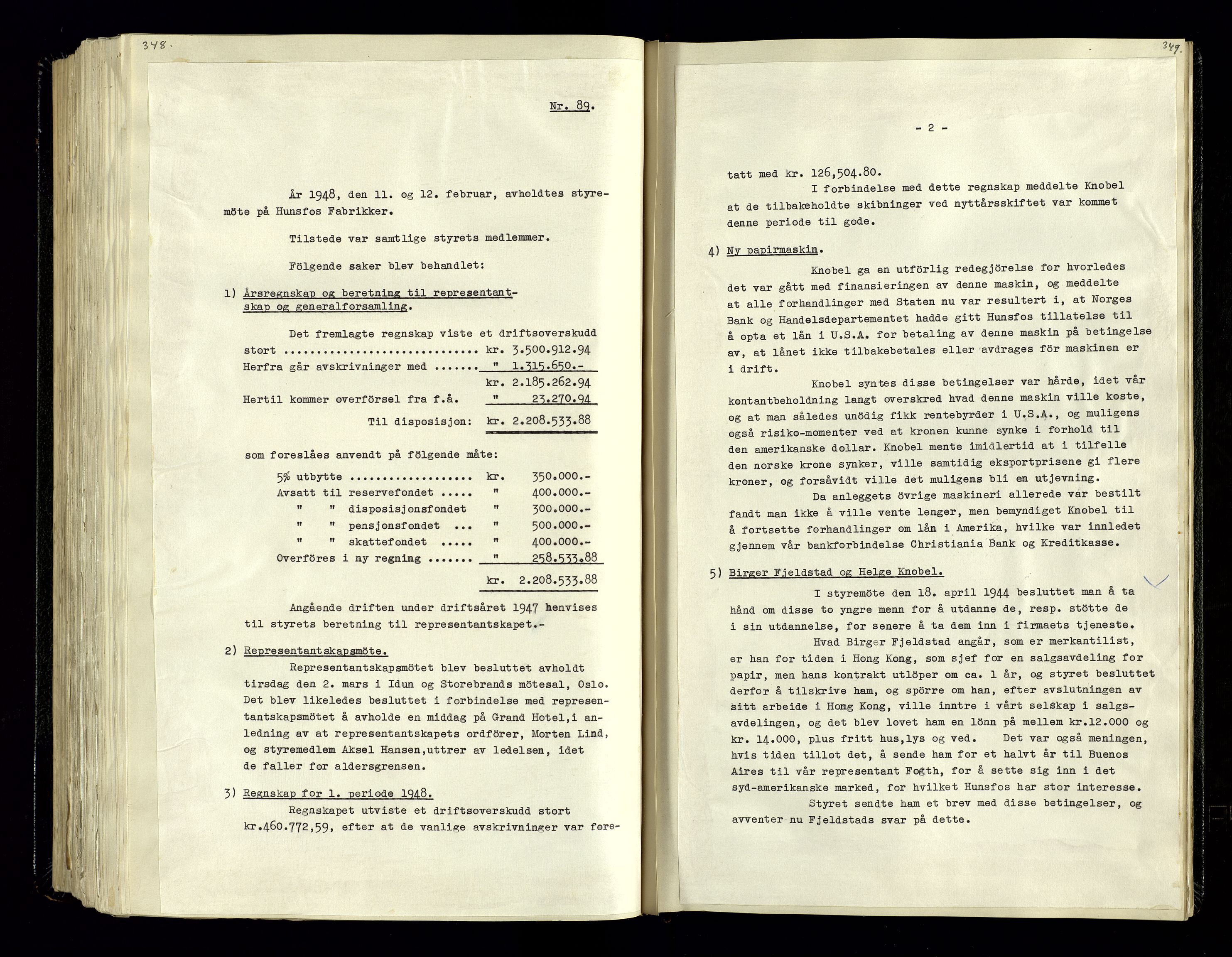 Hunsfos fabrikker, AV/SAK-D/1440/02/L0006: Referatprotokoll fra styremøter, 1938-1950, s. 348-349