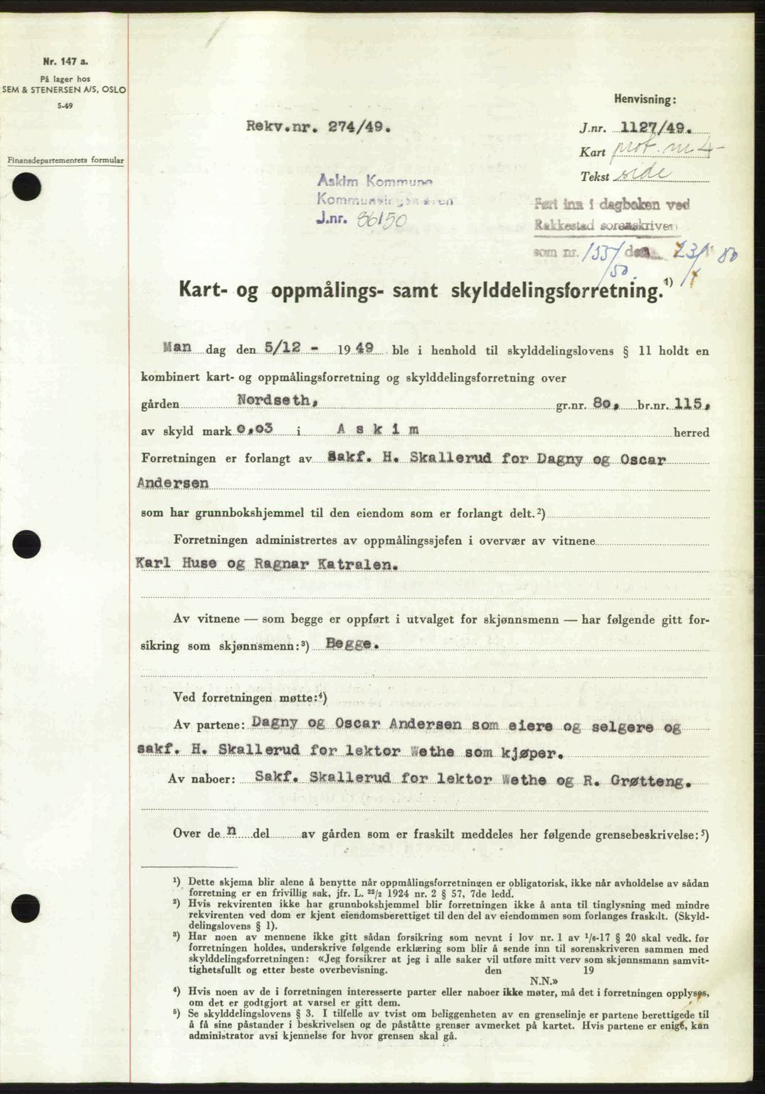Rakkestad sorenskriveri, SAO/A-10686/G/Gb/Gba/Gbab/L0019: Pantebok nr. A19, 1949-1950, Dagboknr: 155/1950