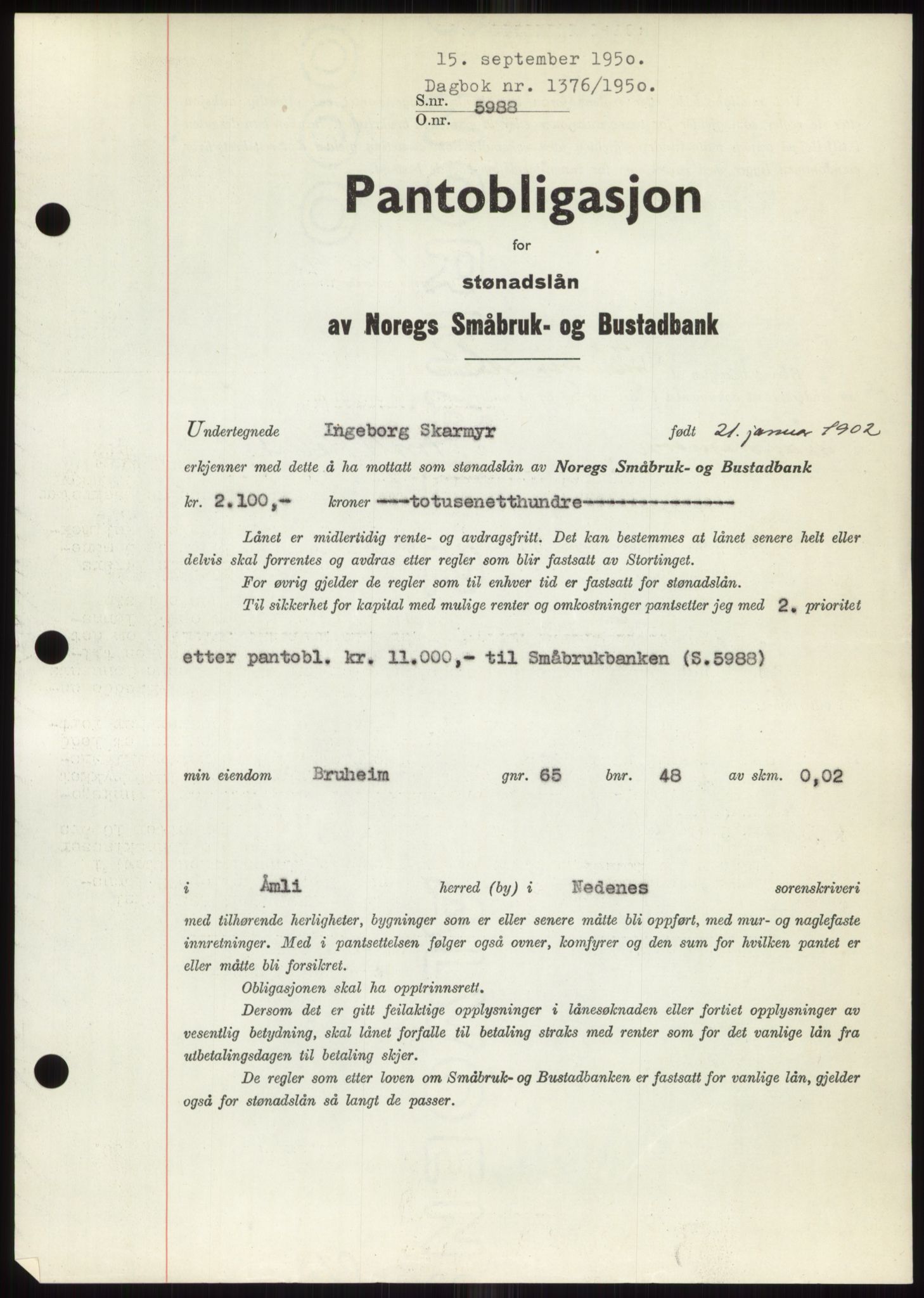 Nedenes sorenskriveri, SAK/1221-0006/G/Gb/Gbb/L0008: Pantebok nr. B8, 1950-1950, Dagboknr: 1376/1950