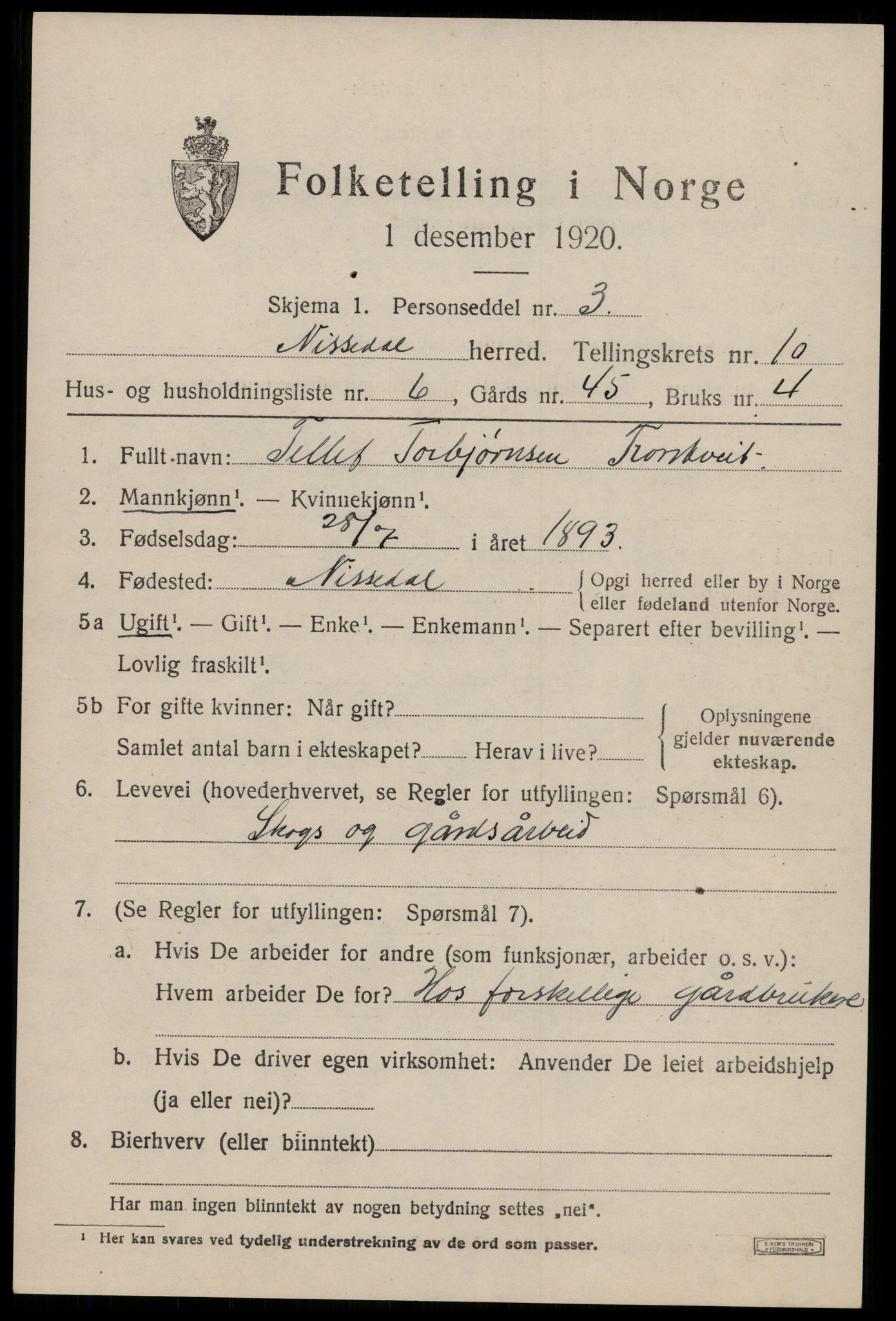 SAKO, Folketelling 1920 for 0830 Nissedal herred, 1920, s. 3929