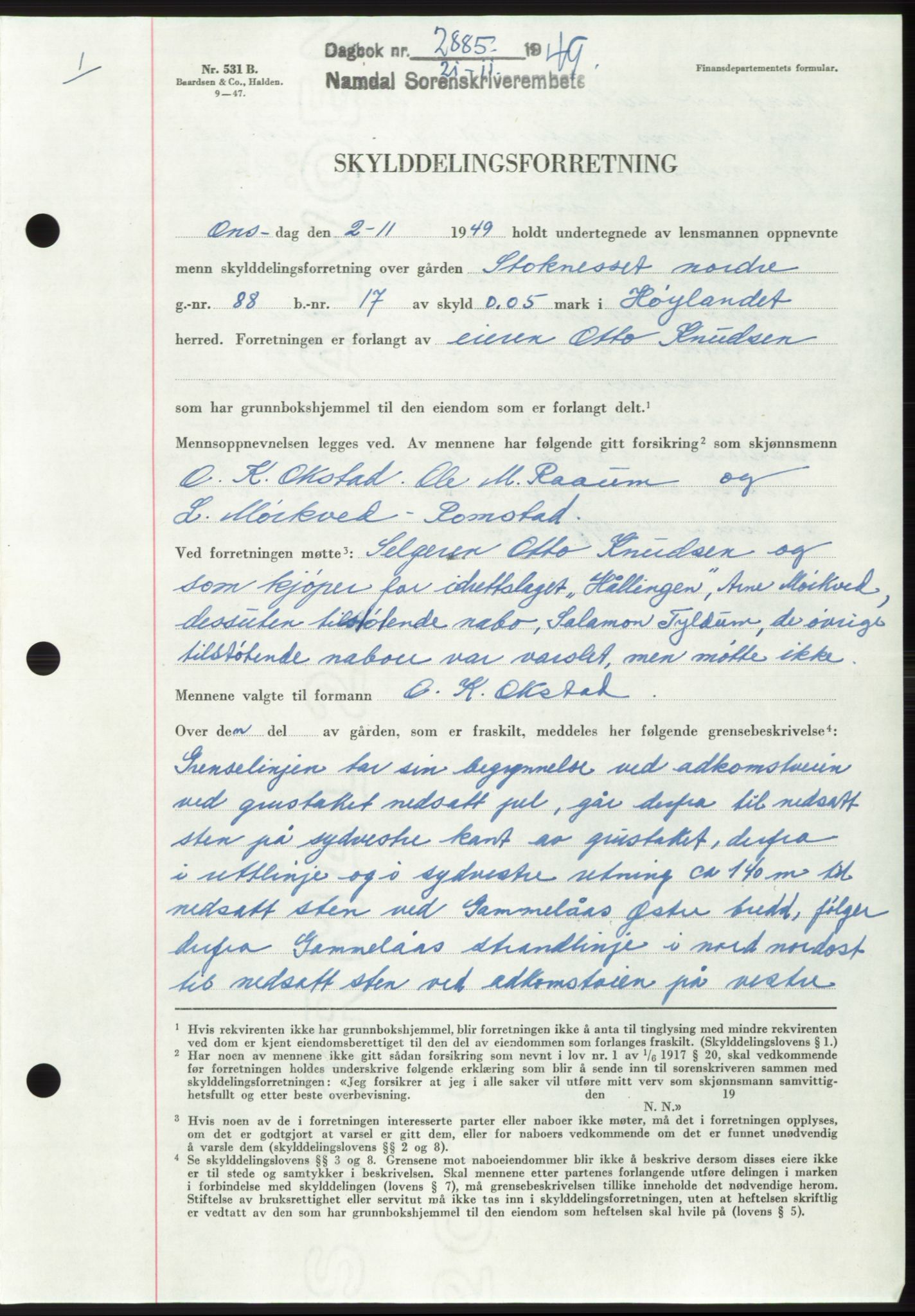 Namdal sorenskriveri, SAT/A-4133/1/2/2C: Pantebok nr. -, 1949-1949, Dagboknr: 2885/1949