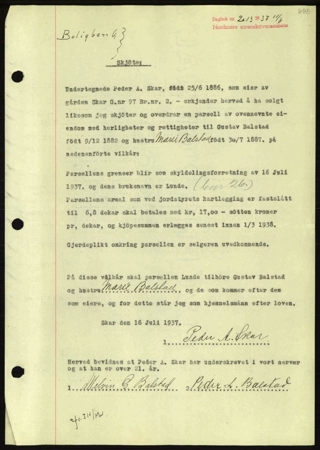 Nordmøre sorenskriveri, SAT/A-4132/1/2/2Ca: Pantebok nr. A81, 1937-1937, Dagboknr: 2013/1937