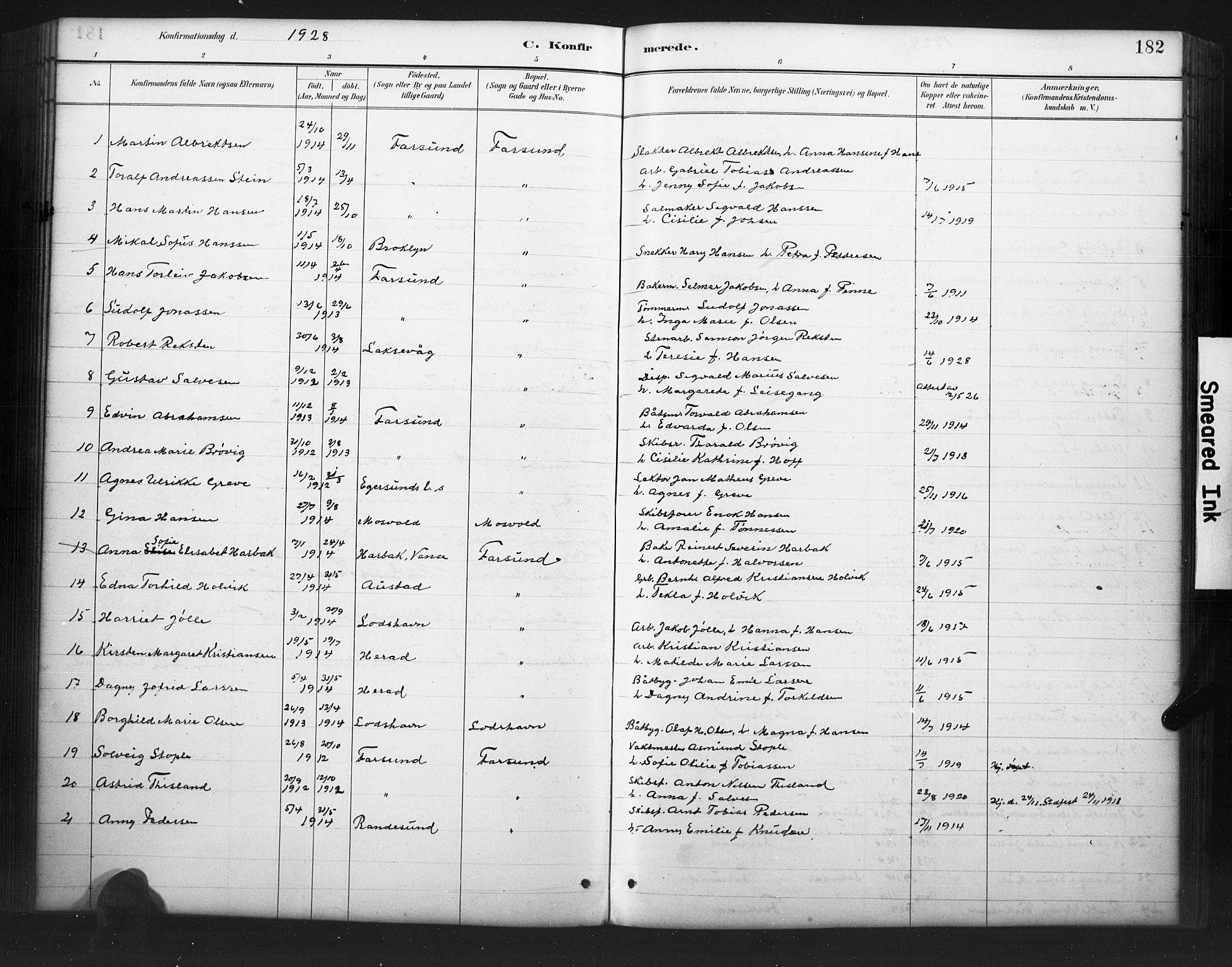 Farsund sokneprestkontor, AV/SAK-1111-0009/F/Fb/L0001: Klokkerbok nr. B 1, 1886-1931, s. 182