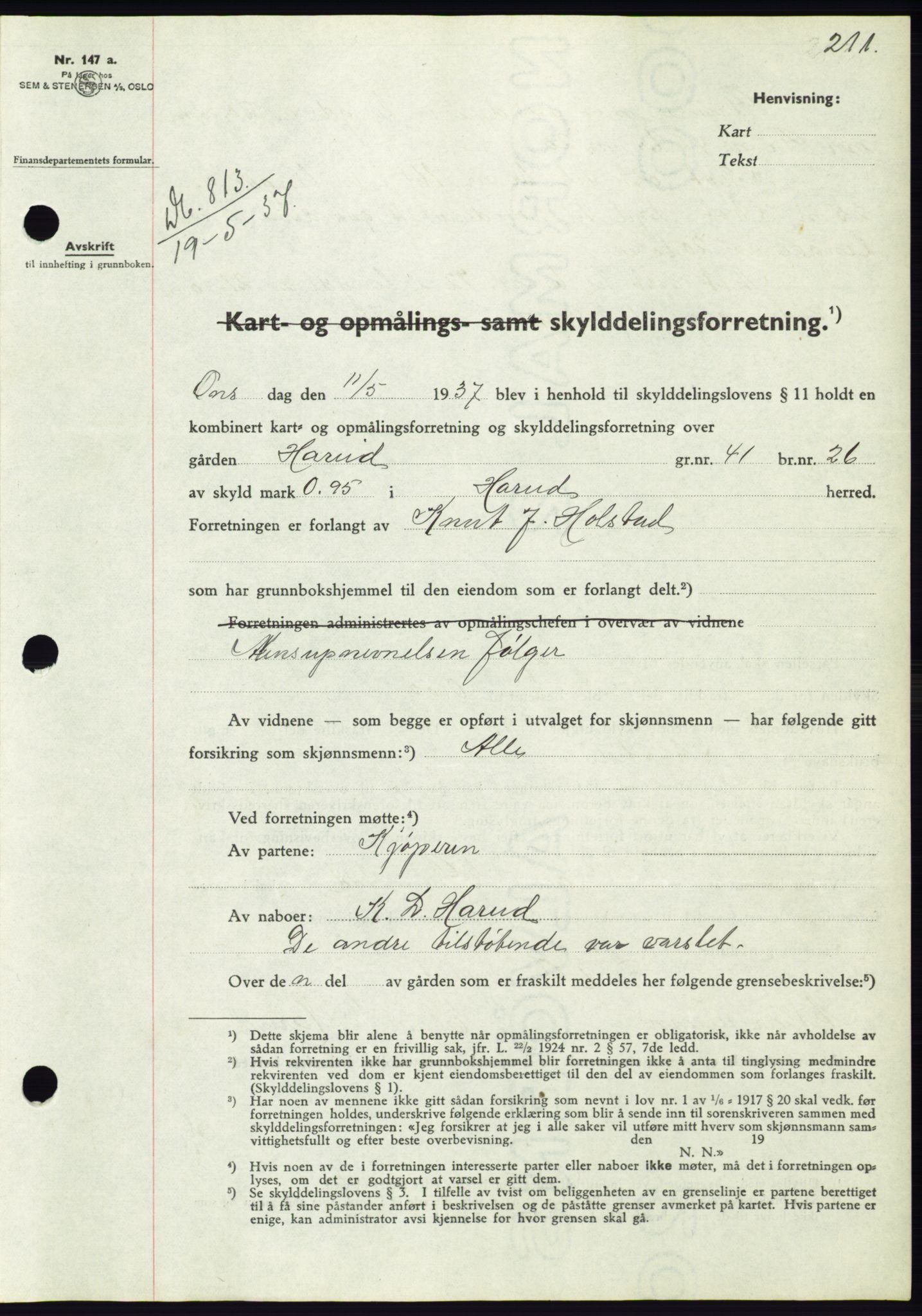 Søre Sunnmøre sorenskriveri, AV/SAT-A-4122/1/2/2C/L0063: Pantebok nr. 57, 1937-1937, Dagboknr: 813/1937