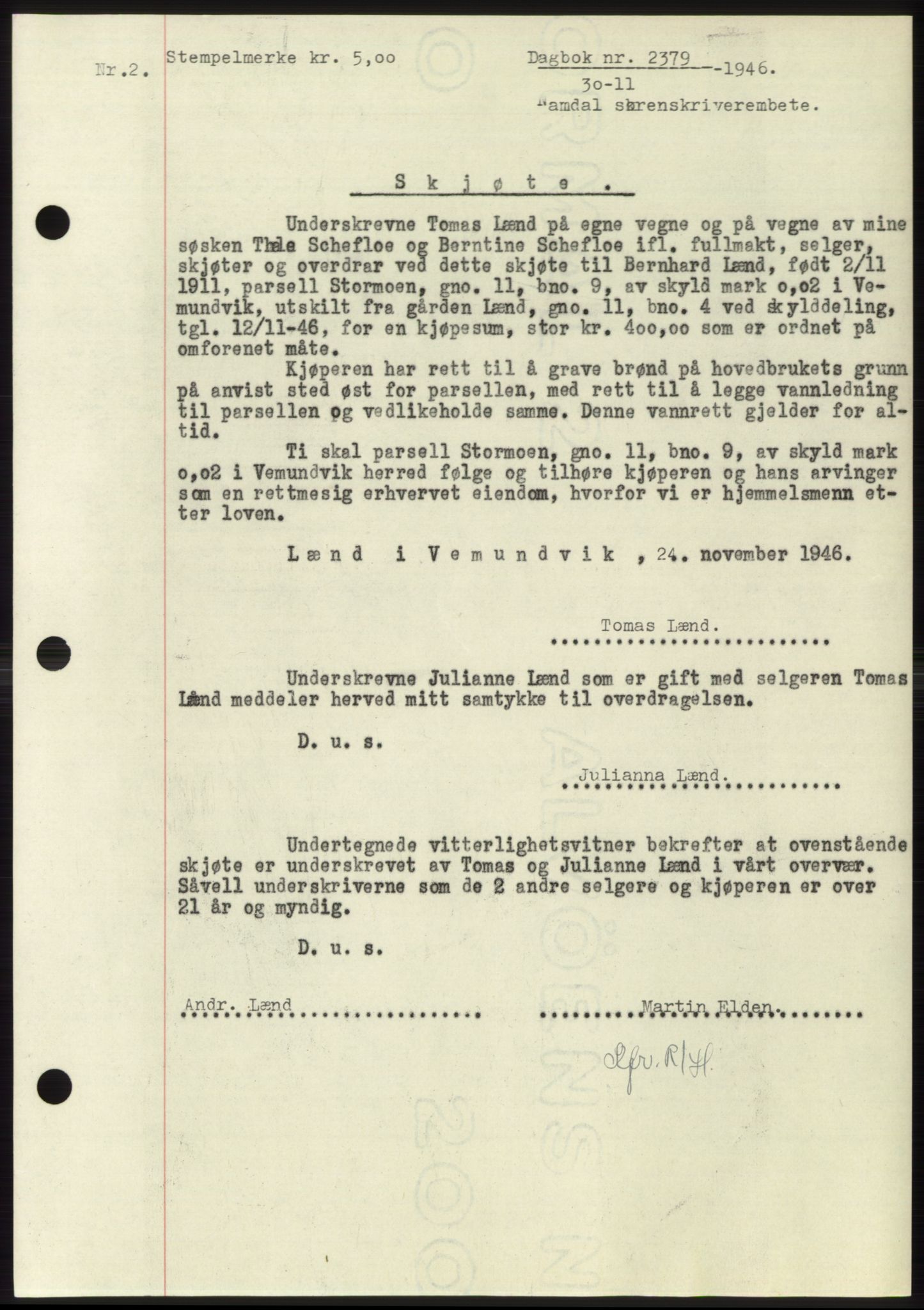 Namdal sorenskriveri, SAT/A-4133/1/2/2C: Pantebok nr. -, 1946-1947, Dagboknr: 2379/1946