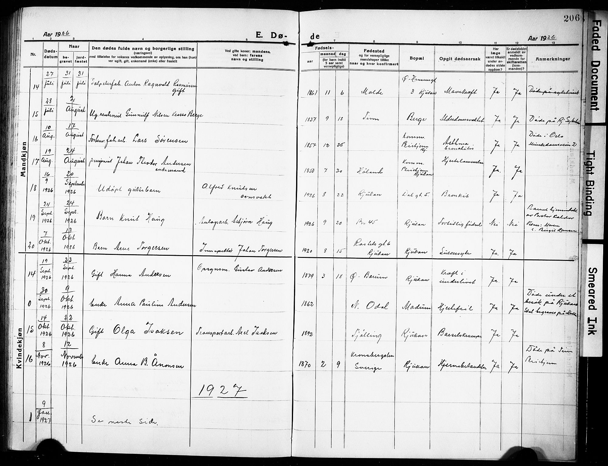 Rjukan kirkebøker, AV/SAKO-A-294/G/Ga/L0003: Klokkerbok nr. 3, 1920-1928, s. 206