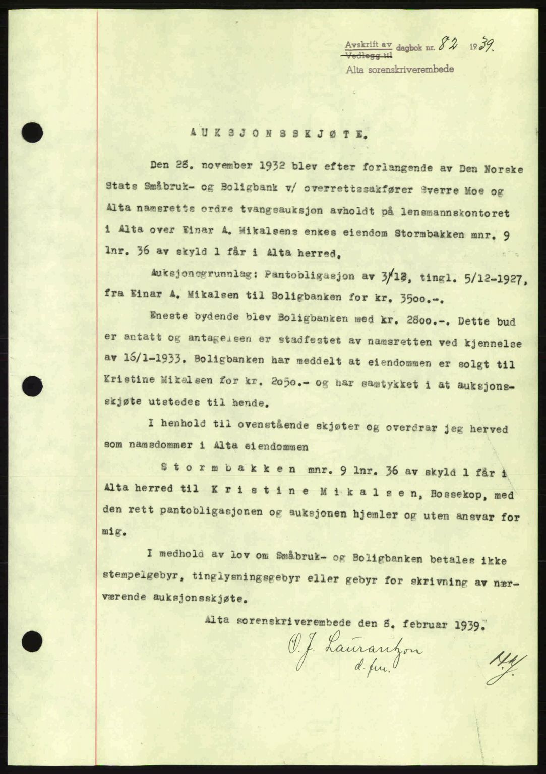 Alta fogderi/sorenskriveri, SATØ/SATØ-5/1/K/Kd/L0031pantebok: Pantebok nr. 31, 1938-1939, Dagboknr: 82/1939