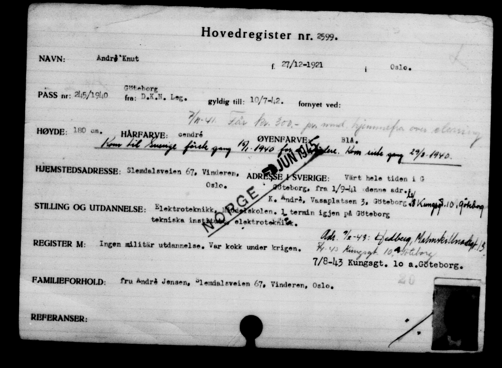 Utenriksstasjonene, Legasjonen i Stockholm, Flyktningkontoret, AV/RA-S-6753/V/Va/L0003: Kjesäterkartoteket, flyktninger med registreringsnr. 2001-3495, 1940-1945, s. 954