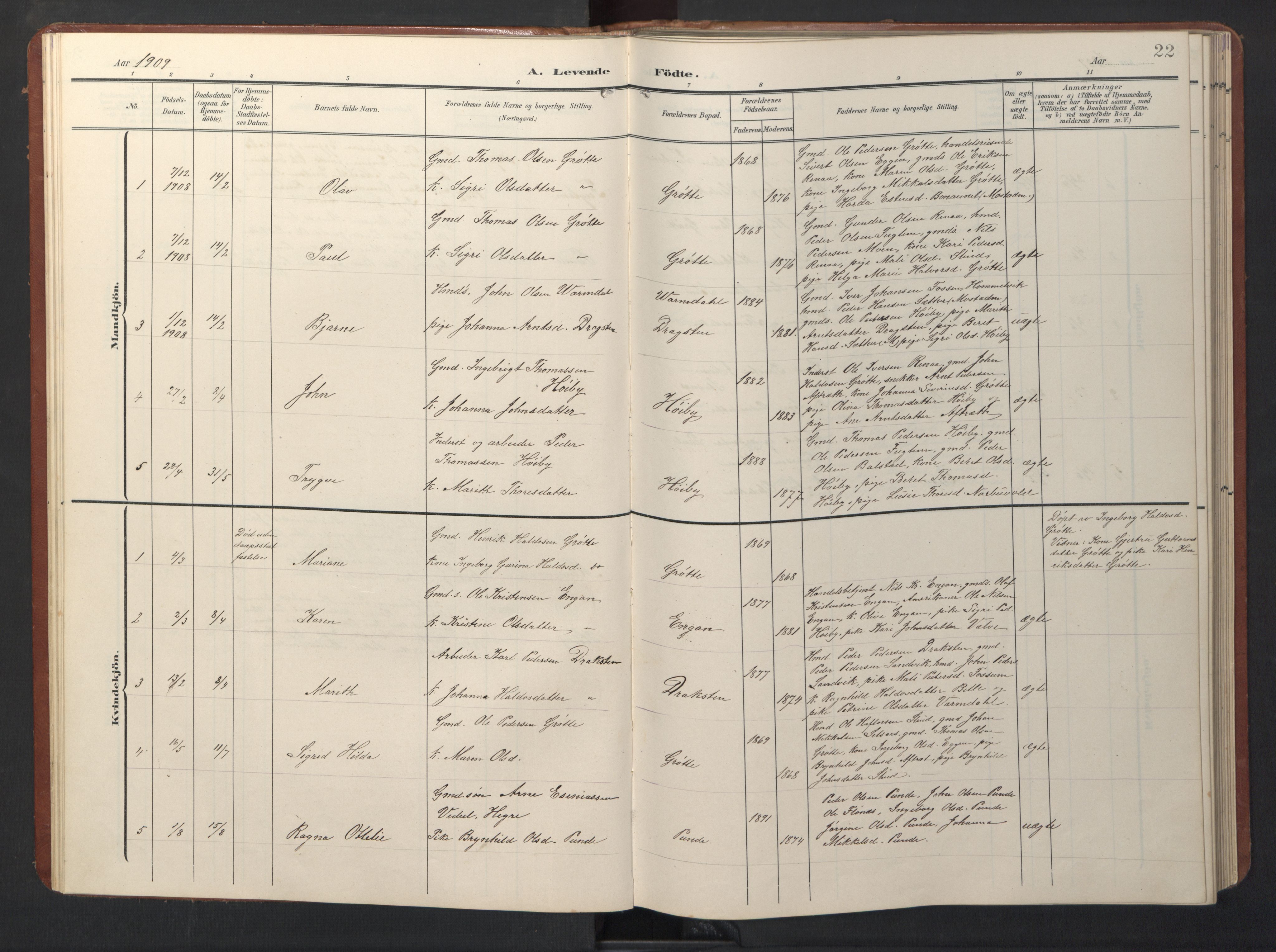 Ministerialprotokoller, klokkerbøker og fødselsregistre - Sør-Trøndelag, AV/SAT-A-1456/696/L1161: Klokkerbok nr. 696C01, 1902-1950, s. 22