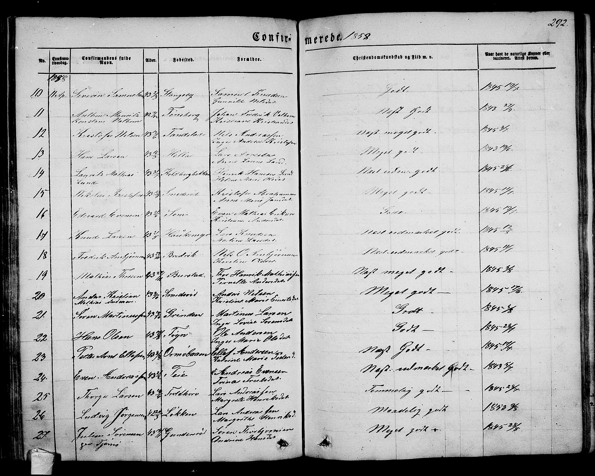 Nøtterøy kirkebøker, AV/SAKO-A-354/G/Ga/L0001: Klokkerbok nr. I 1, 1844-1859, s. 292
