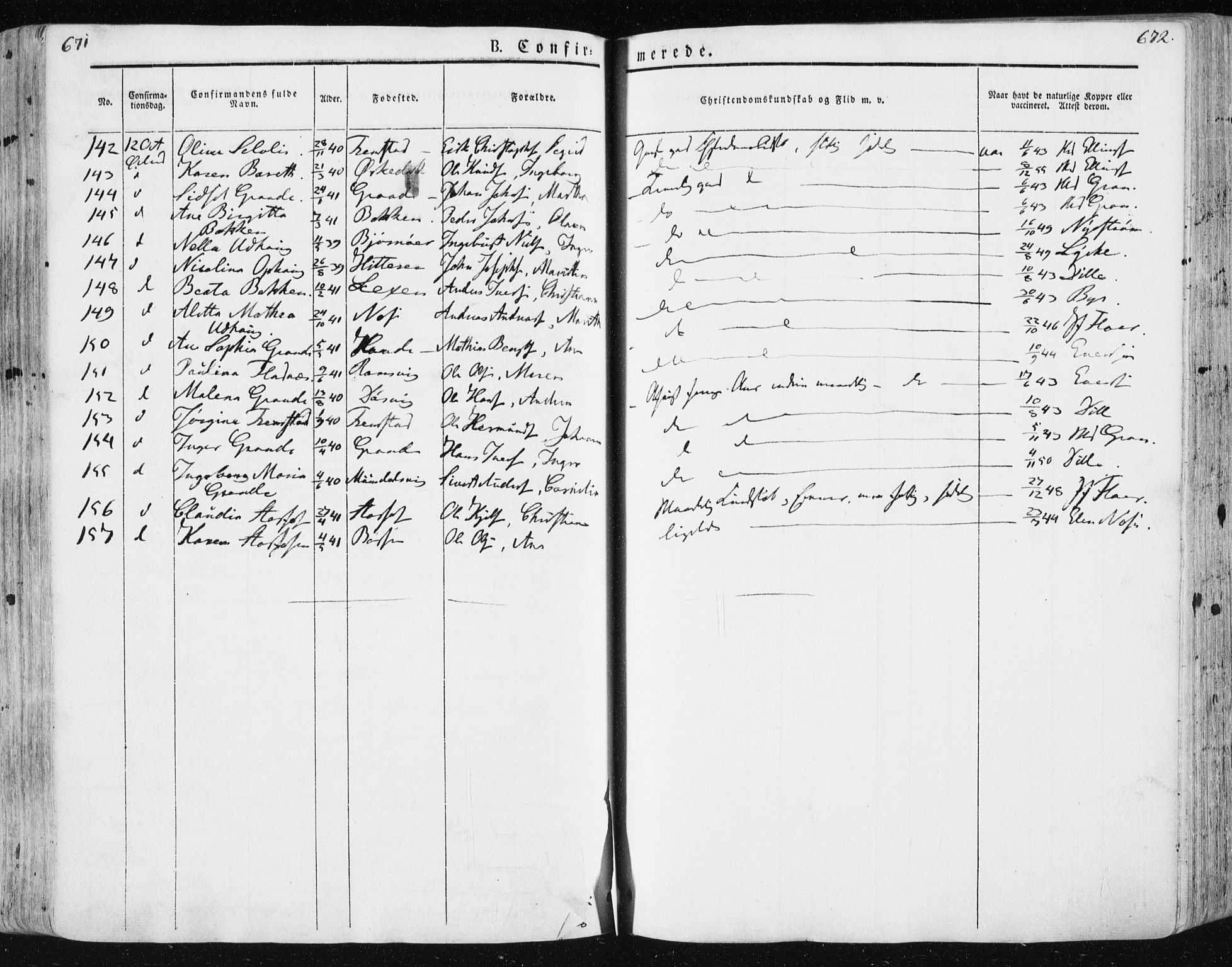 Ministerialprotokoller, klokkerbøker og fødselsregistre - Sør-Trøndelag, SAT/A-1456/659/L0736: Ministerialbok nr. 659A06, 1842-1856, s. 671-672
