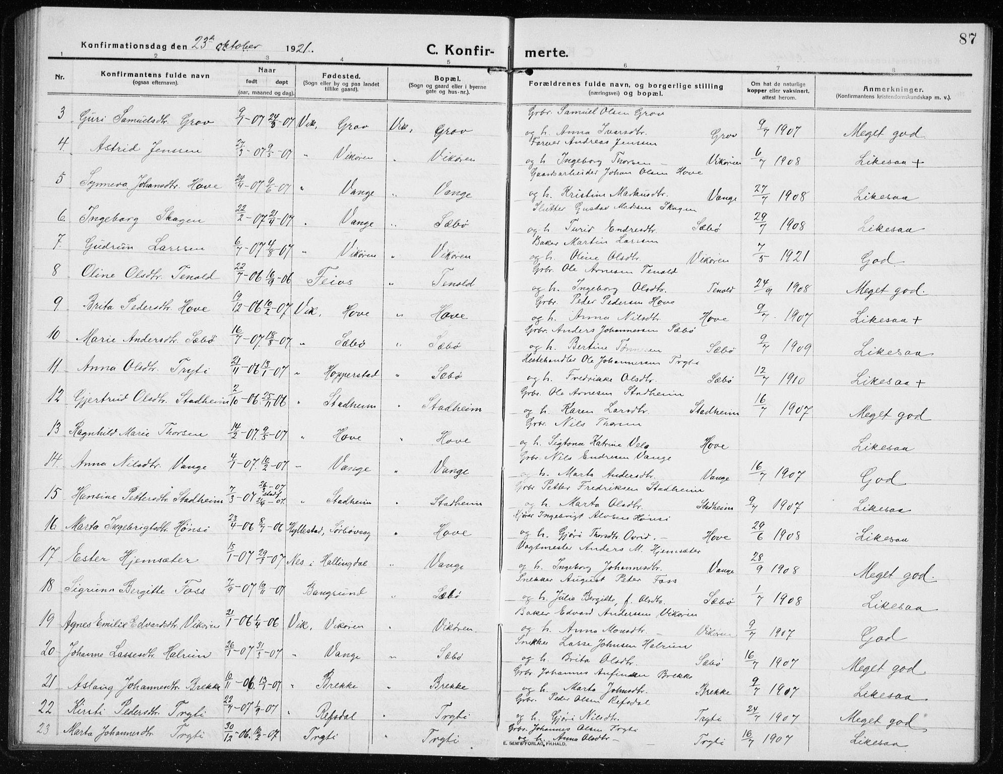 Vik sokneprestembete, AV/SAB-A-81501/H/Hab/Haba/L0005: Klokkerbok nr. A 5, 1915-1935, s. 87