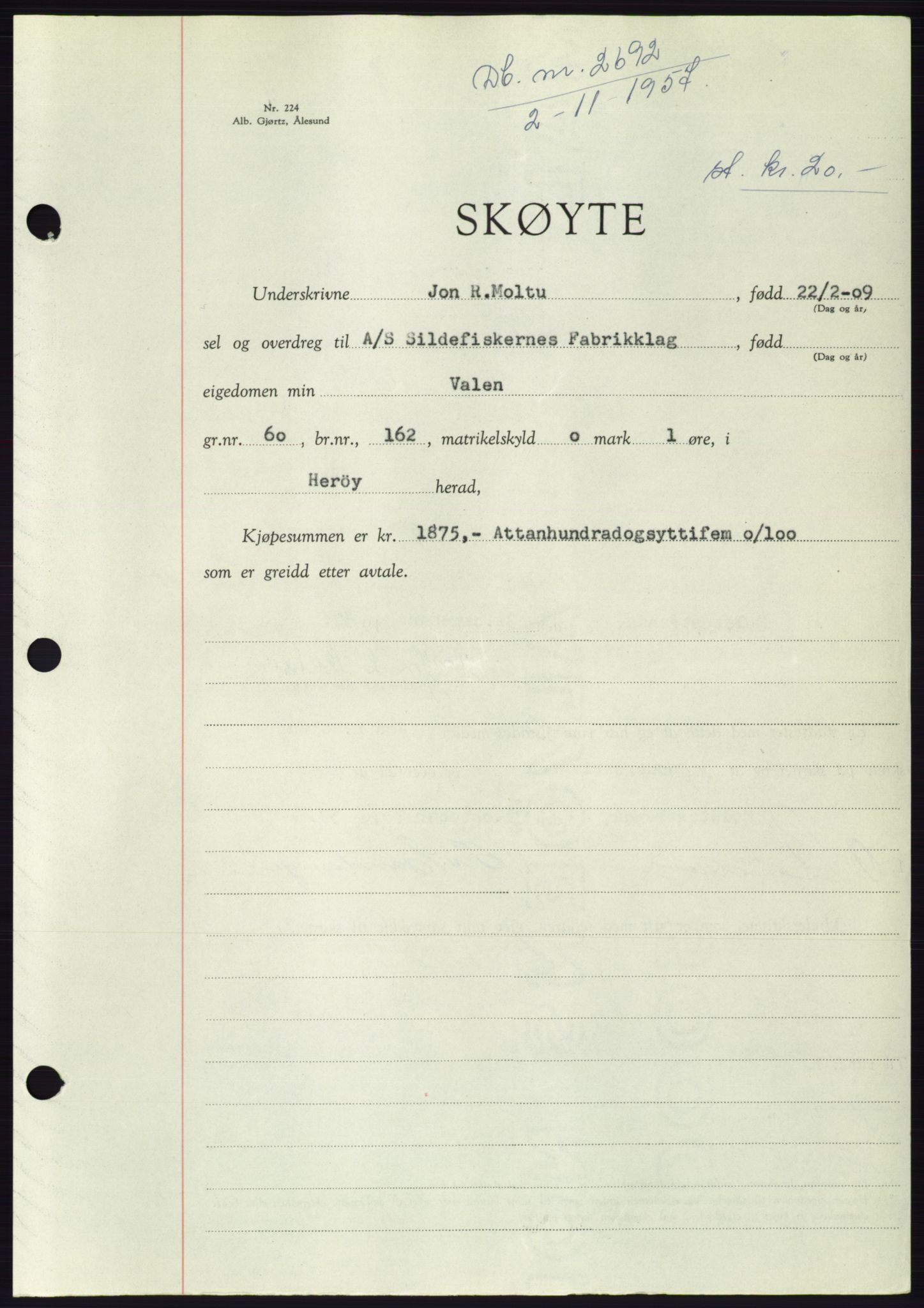 Søre Sunnmøre sorenskriveri, AV/SAT-A-4122/1/2/2C/L0108: Pantebok nr. 34A, 1957-1958, Dagboknr: 2692/1957