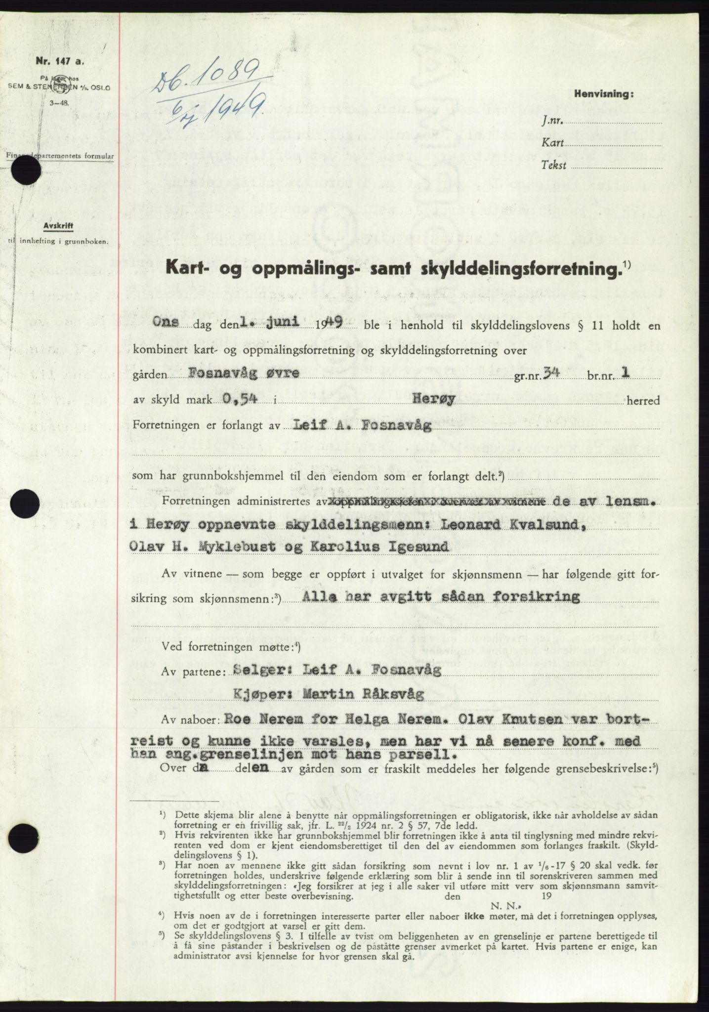 Søre Sunnmøre sorenskriveri, SAT/A-4122/1/2/2C/L0084: Pantebok nr. 10A, 1949-1949, Dagboknr: 1089/1949