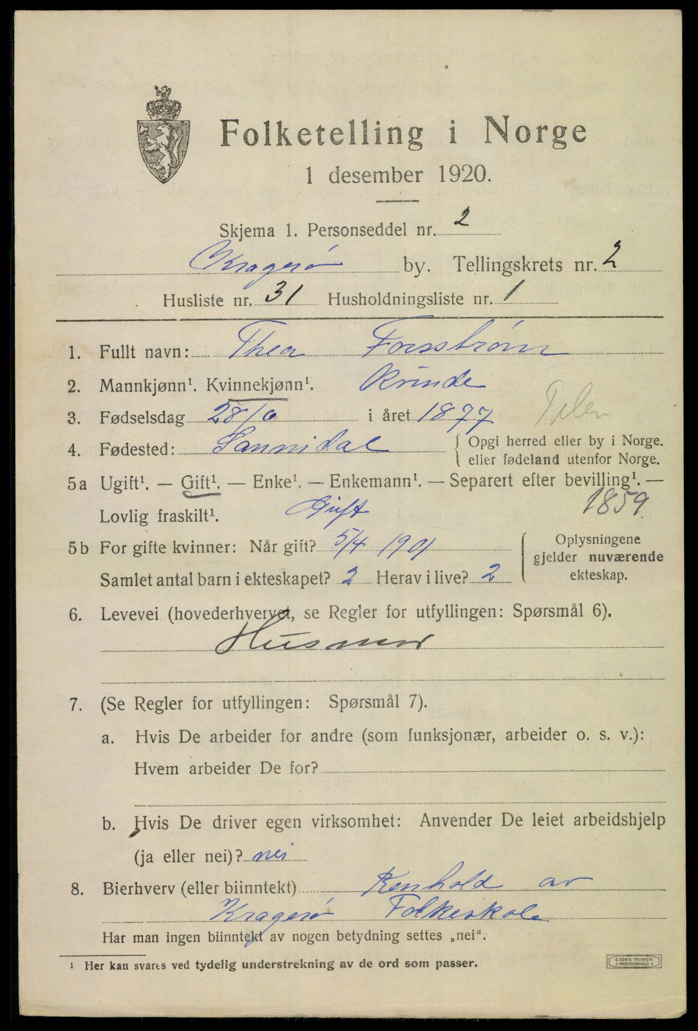 SAKO, Folketelling 1920 for 0801 Kragerø kjøpstad, 1920, s. 5727