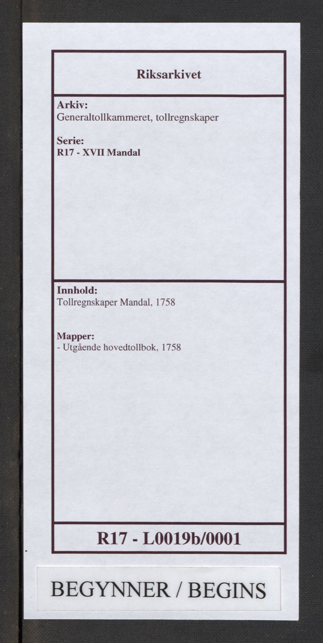 Generaltollkammeret, tollregnskaper, AV/RA-EA-5490/R17/L0019b/0001: Tollregnskaper Mandal / Utgående hovedtollbok, 1758