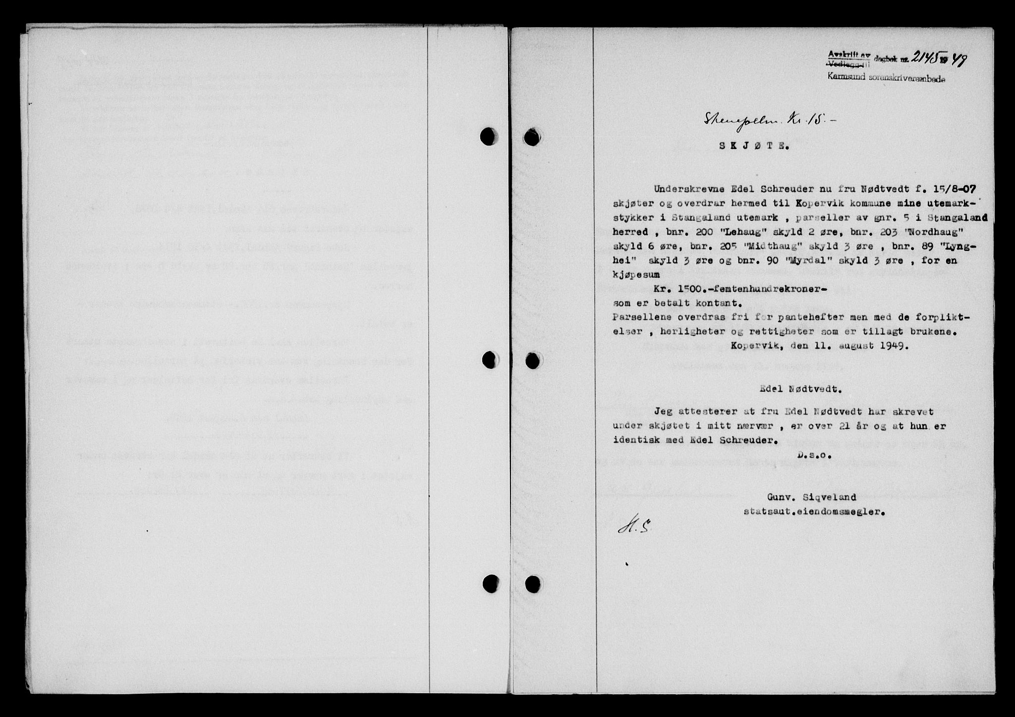 Karmsund sorenskriveri, SAST/A-100311/01/II/IIB/L0097: Pantebok nr. 77A, 1949-1949, Dagboknr: 2145/1949