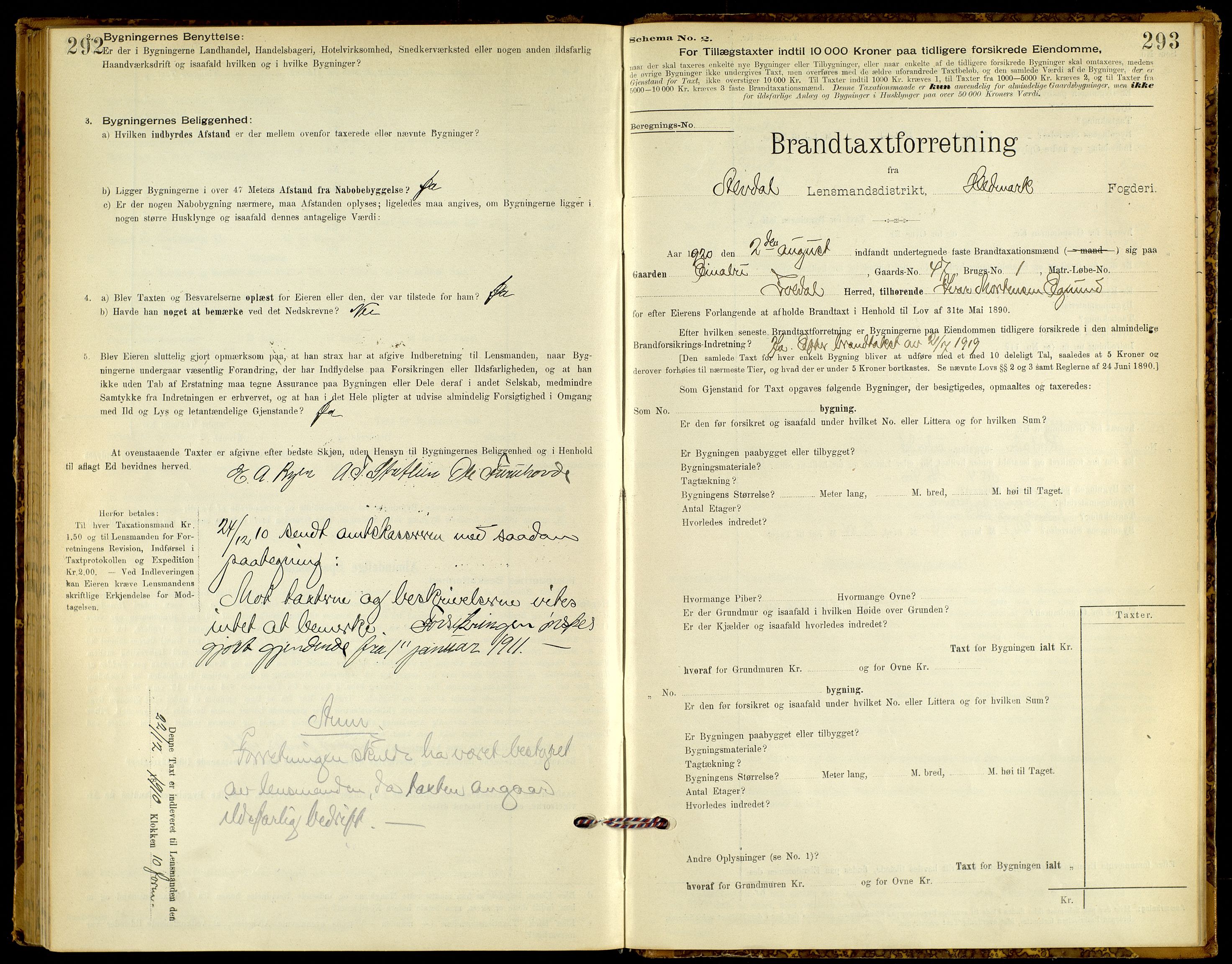 Norges Brannkasse, Alvdal og Folldal, SAH/NBRANA-026/F/L0005: Branntakstprotokoll, 1894-1923, s. 292-293