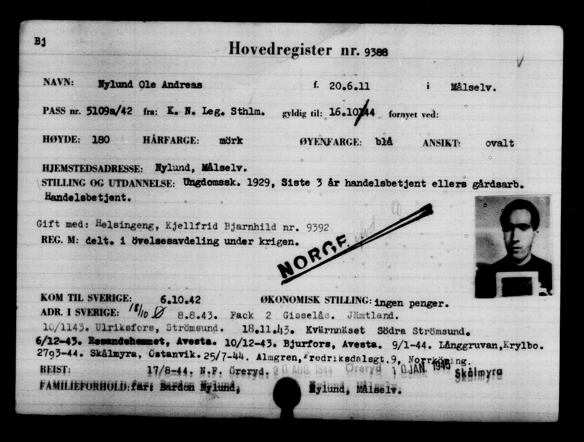 Utenriksstasjonene, Legasjonen i Stockholm, Flyktningkontoret, AV/RA-S-6753/V/Va/L0005: Kjesäterkartoteket, flyktninger med registreringsnr. 6600-9417, 1940-1945, s. 3284