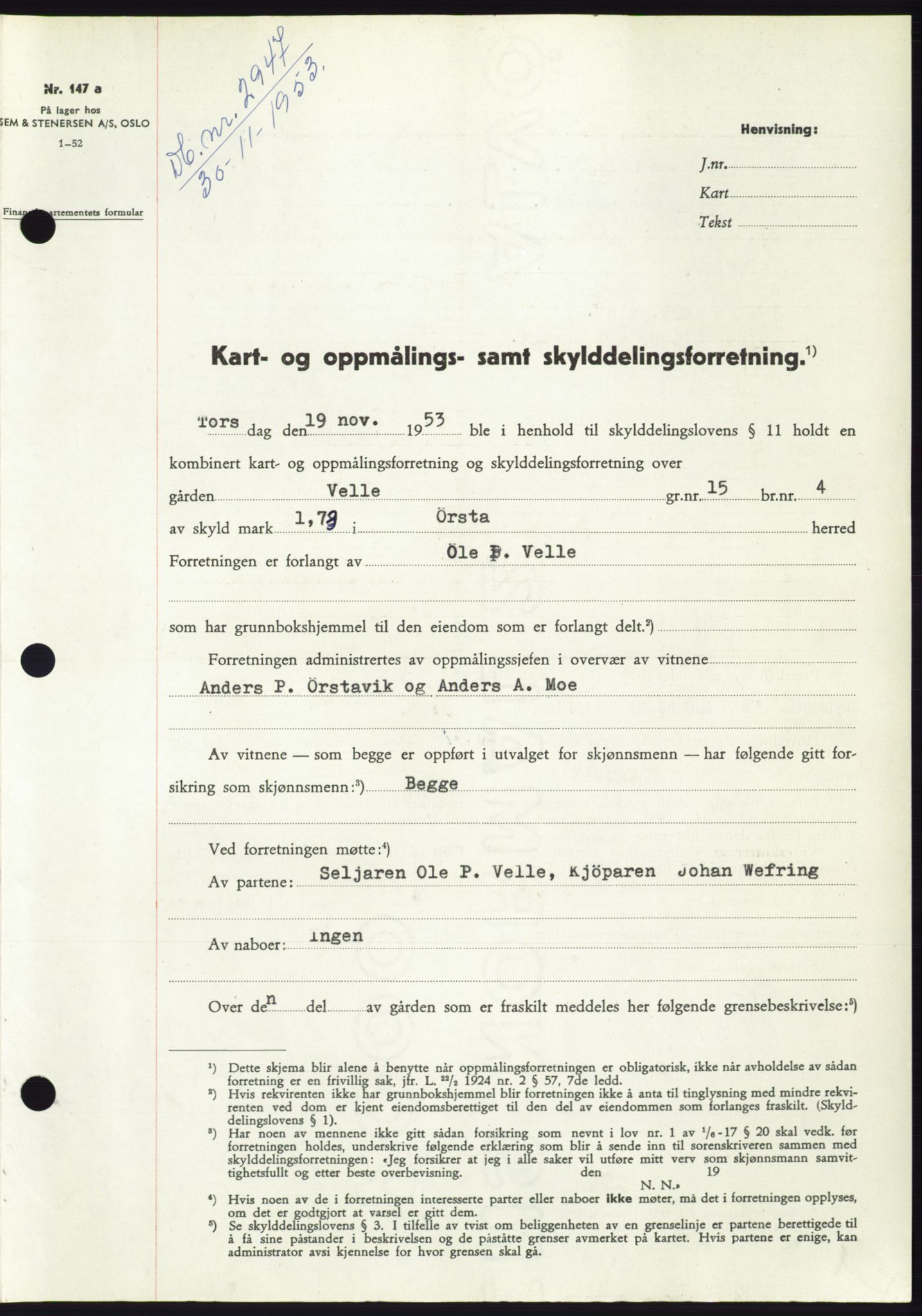 Søre Sunnmøre sorenskriveri, SAT/A-4122/1/2/2C/L0096: Pantebok nr. 22A, 1953-1954, Dagboknr: 2947/1953