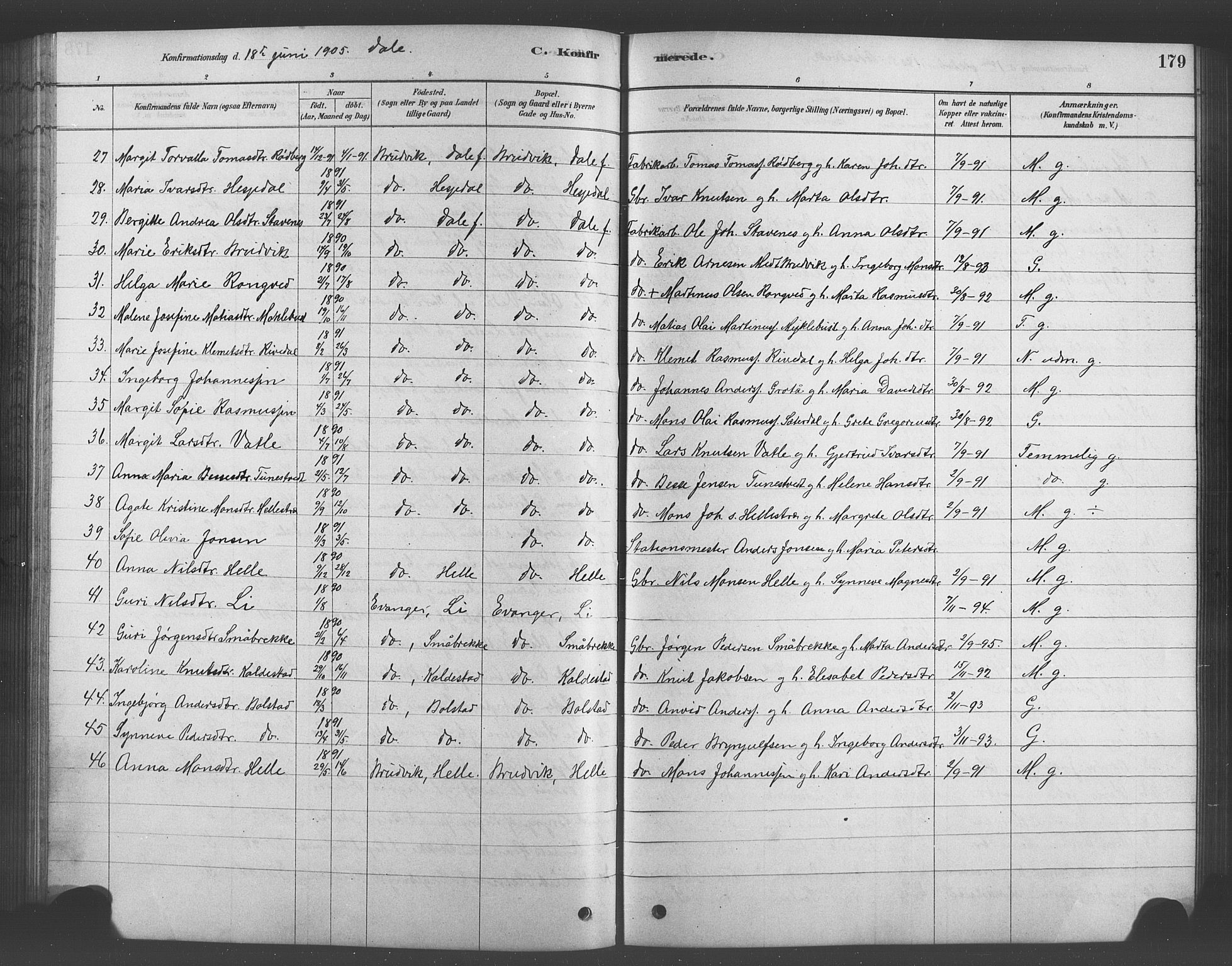 Bruvik Sokneprestembete, AV/SAB-A-74701/H/Hab: Klokkerbok nr. A 1, 1878-1907, s. 179