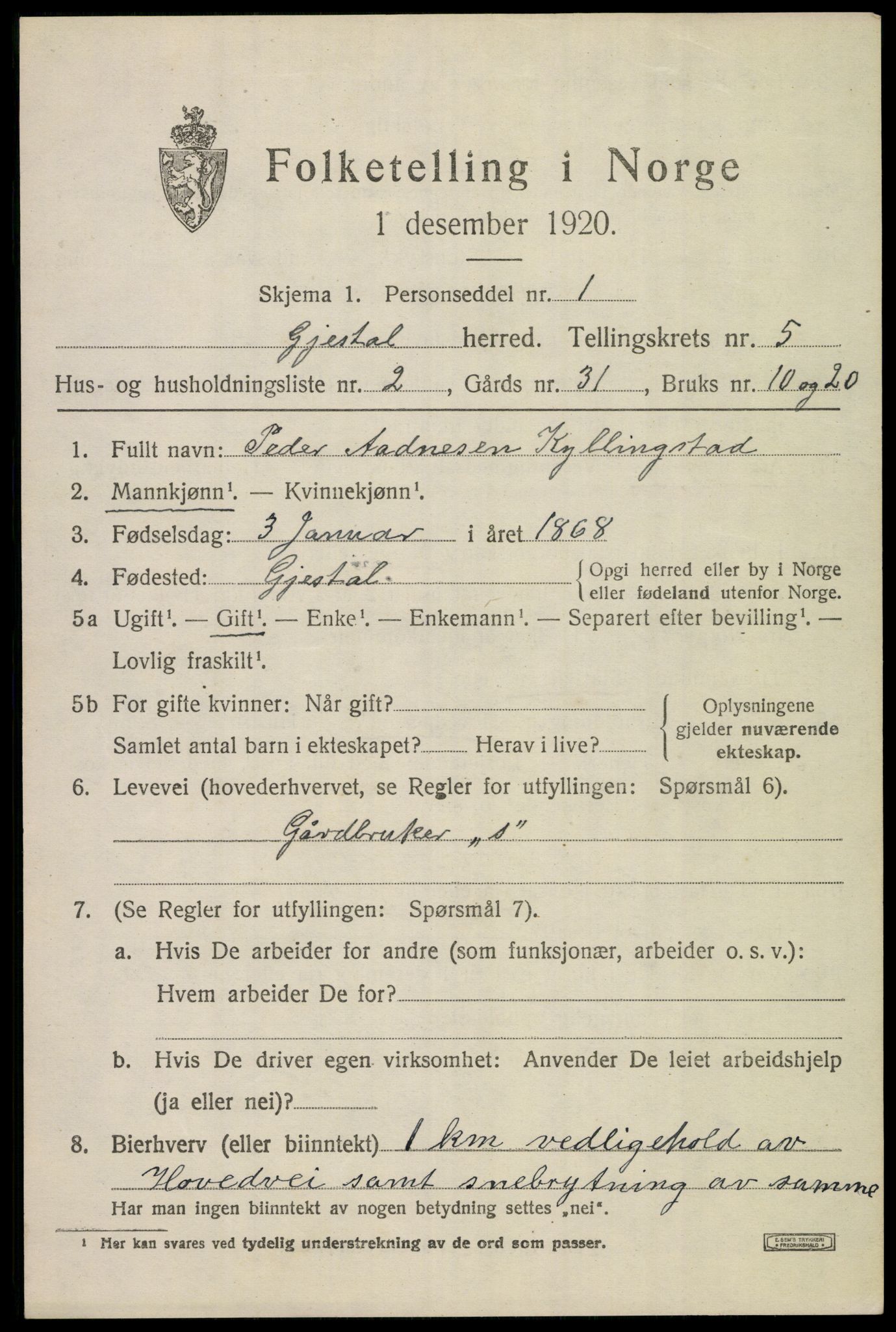 SAST, Folketelling 1920 for 1122 Gjesdal herred, 1920, s. 3108