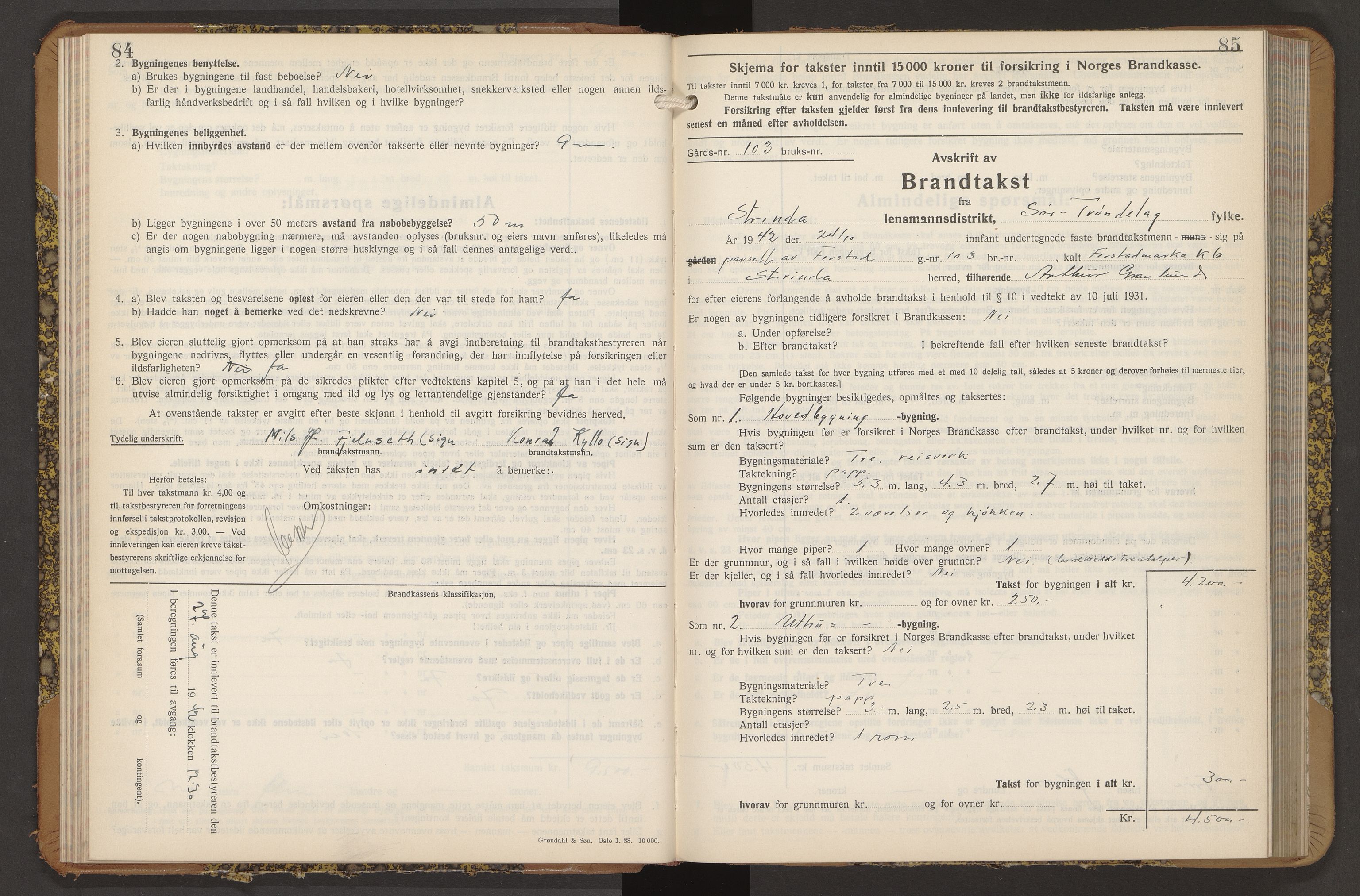 Norges Brannkasse Strinda, AV/SAT-A-5516/Fb/L0009: Branntakstprotokoll, 1940-1946, s. 84-85