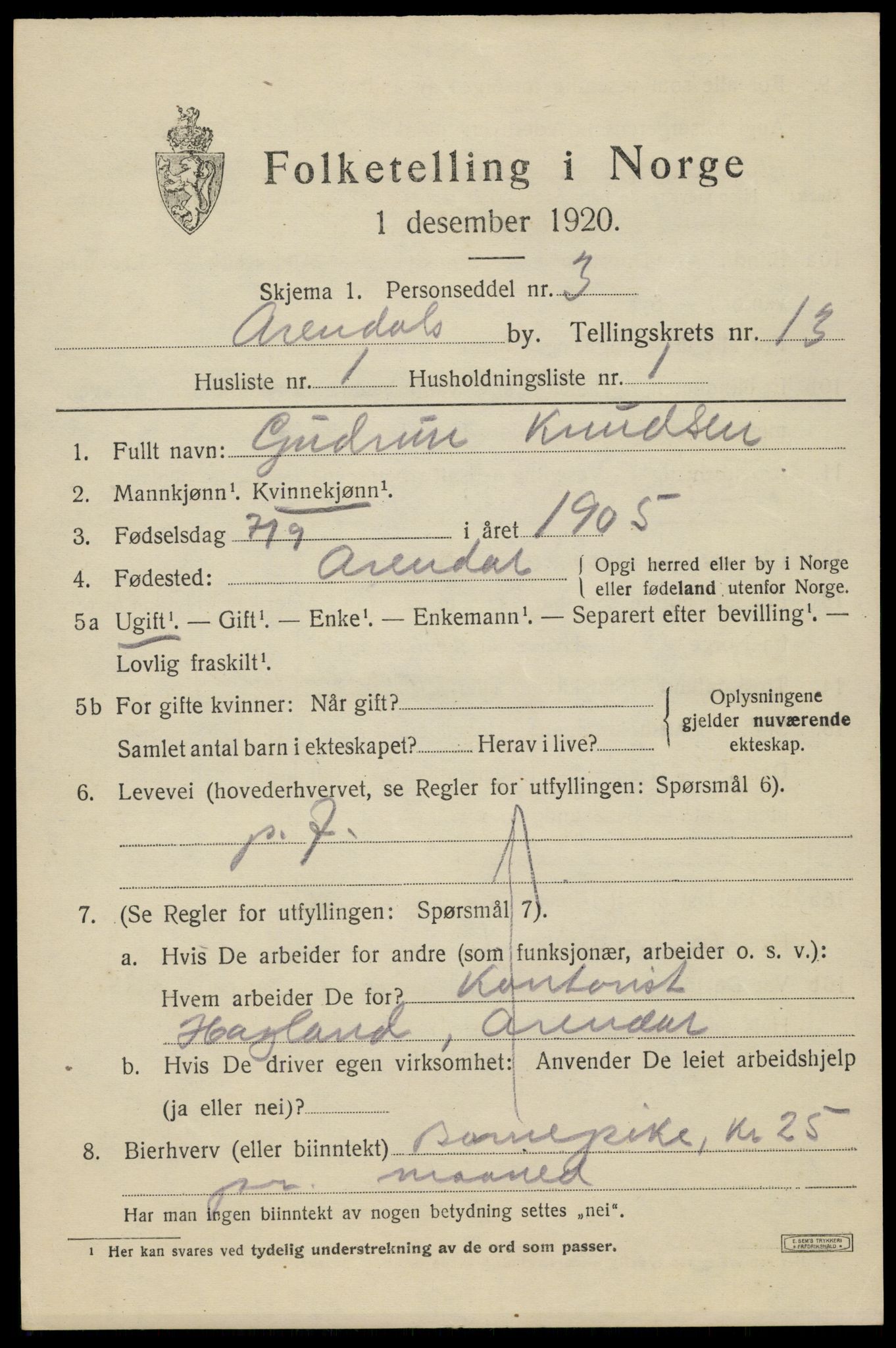 SAK, Folketelling 1920 for 0903 Arendal kjøpstad, 1920, s. 20264