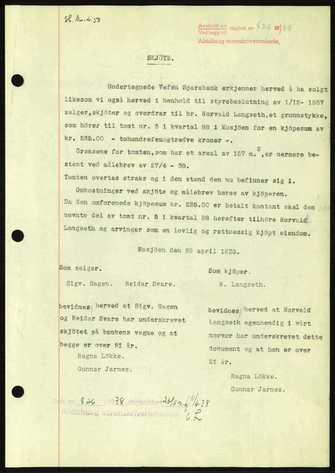 Alstahaug sorenskriveri, SAT/A-1009: Pantebok nr. A3, 1937-1938, Dagboknr: 826/1938