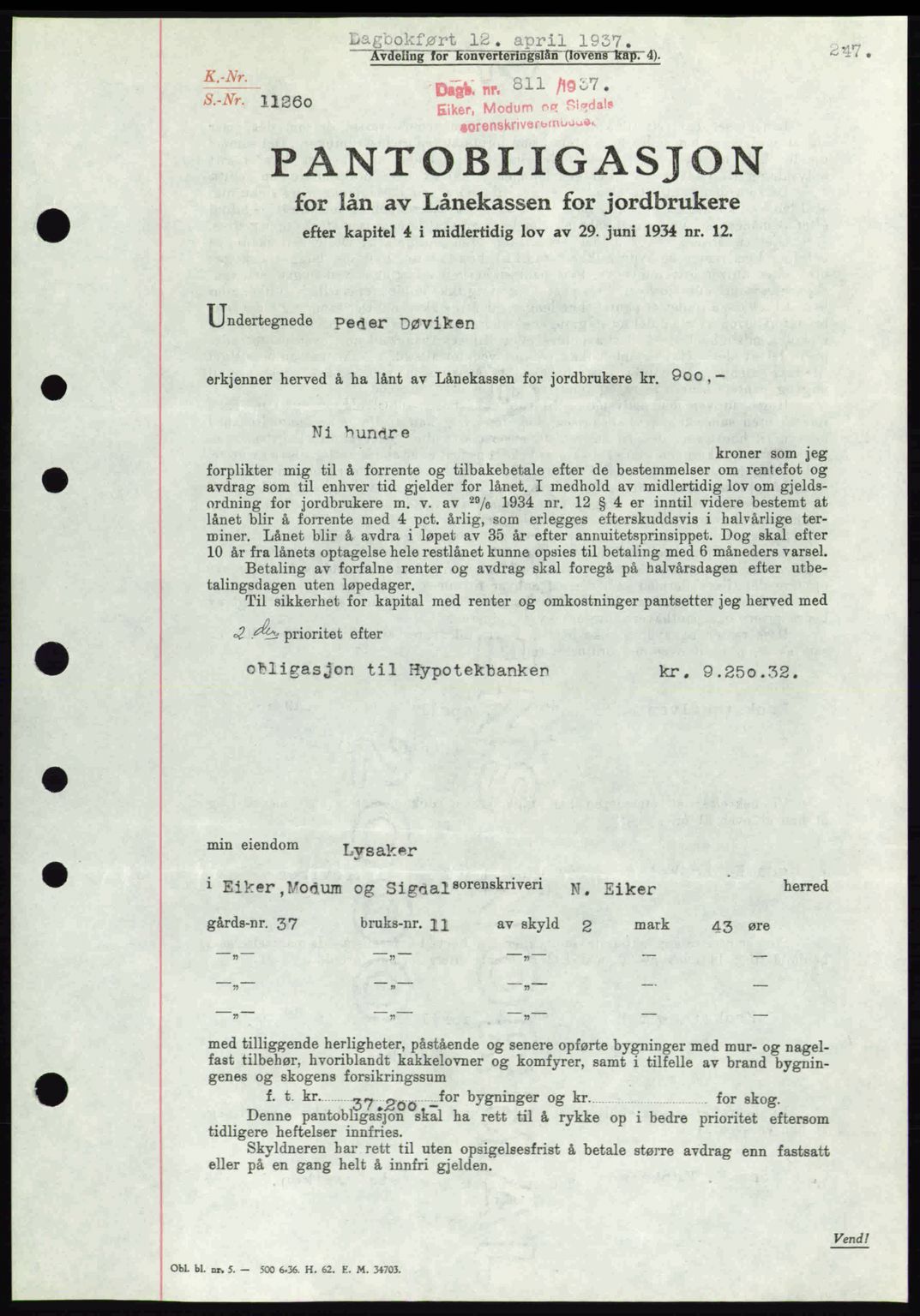Eiker, Modum og Sigdal sorenskriveri, SAKO/A-123/G/Ga/Gab/L0035: Pantebok nr. A5, 1937-1937, Dagboknr: 811/1937