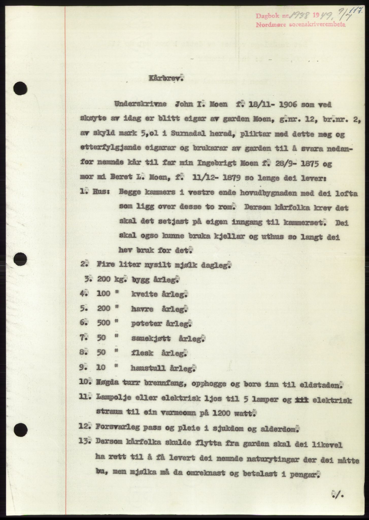 Nordmøre sorenskriveri, SAT/A-4132/1/2/2Ca: Pantebok nr. B102, 1949-1949, Dagboknr: 1938/1949