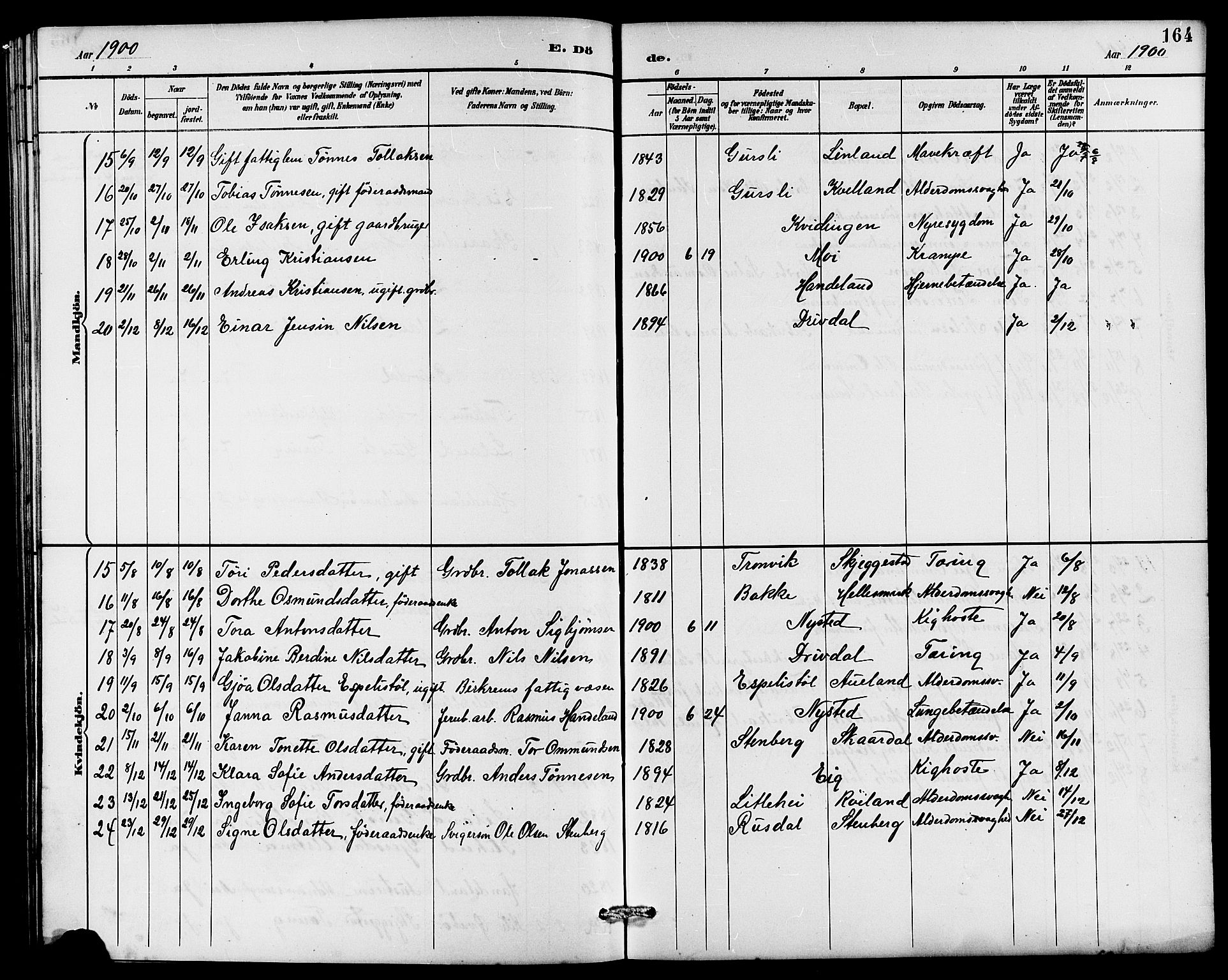 Lund sokneprestkontor, SAST/A-101809/S07/L0006: Klokkerbok nr. B 6, 1885-1901, s. 164