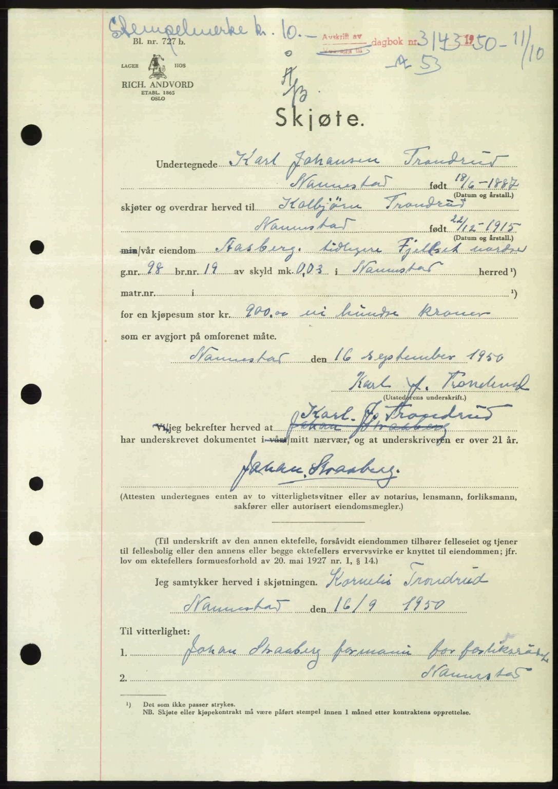 Eidsvoll tingrett, AV/SAO-A-10371/G/Gb/Gbb/L0025: Pantebok nr. A53, 1950-1950, Dagboknr: 3143/1950