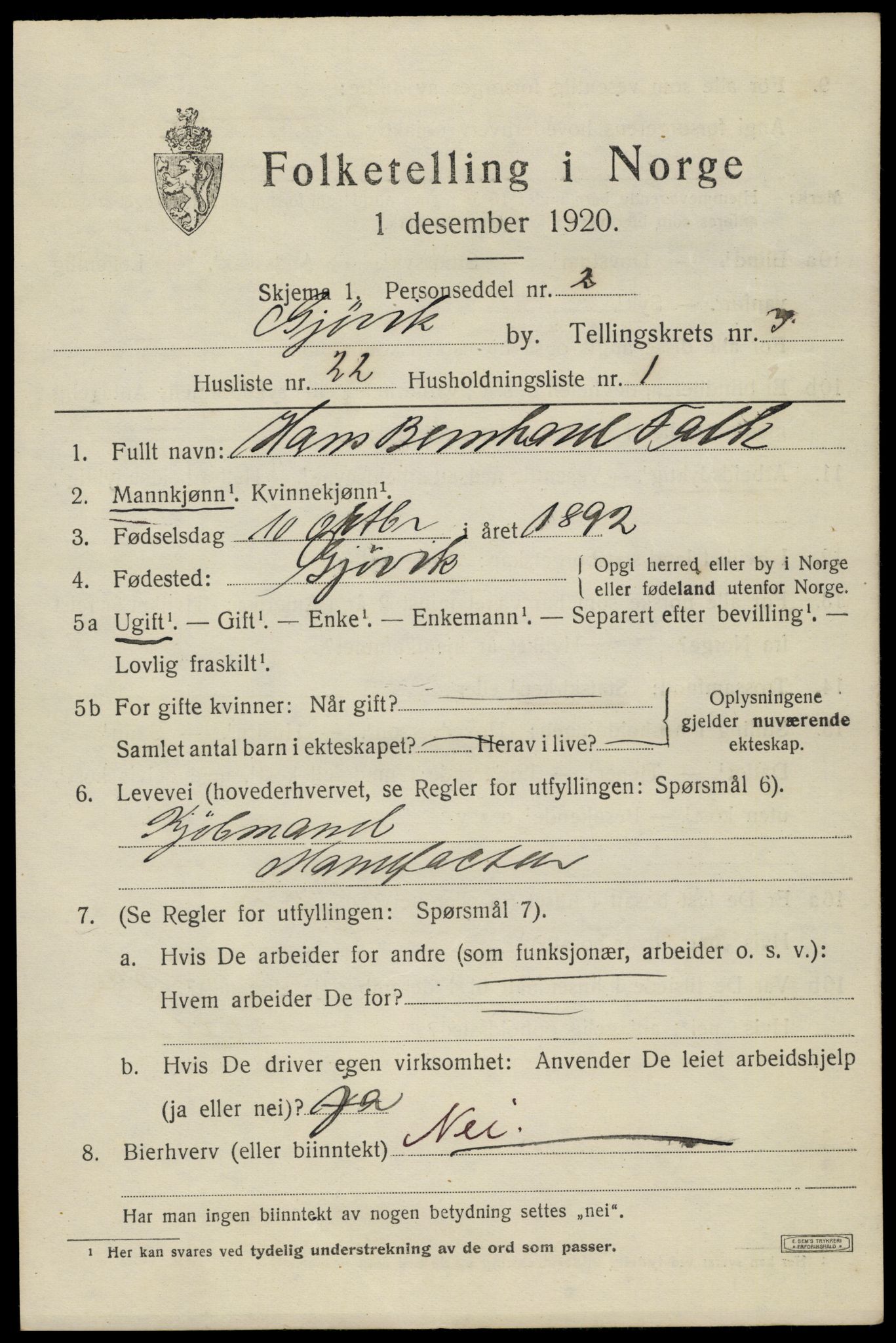 SAH, Folketelling 1920 for 0502 Gjøvik kjøpstad, 1920, s. 6664