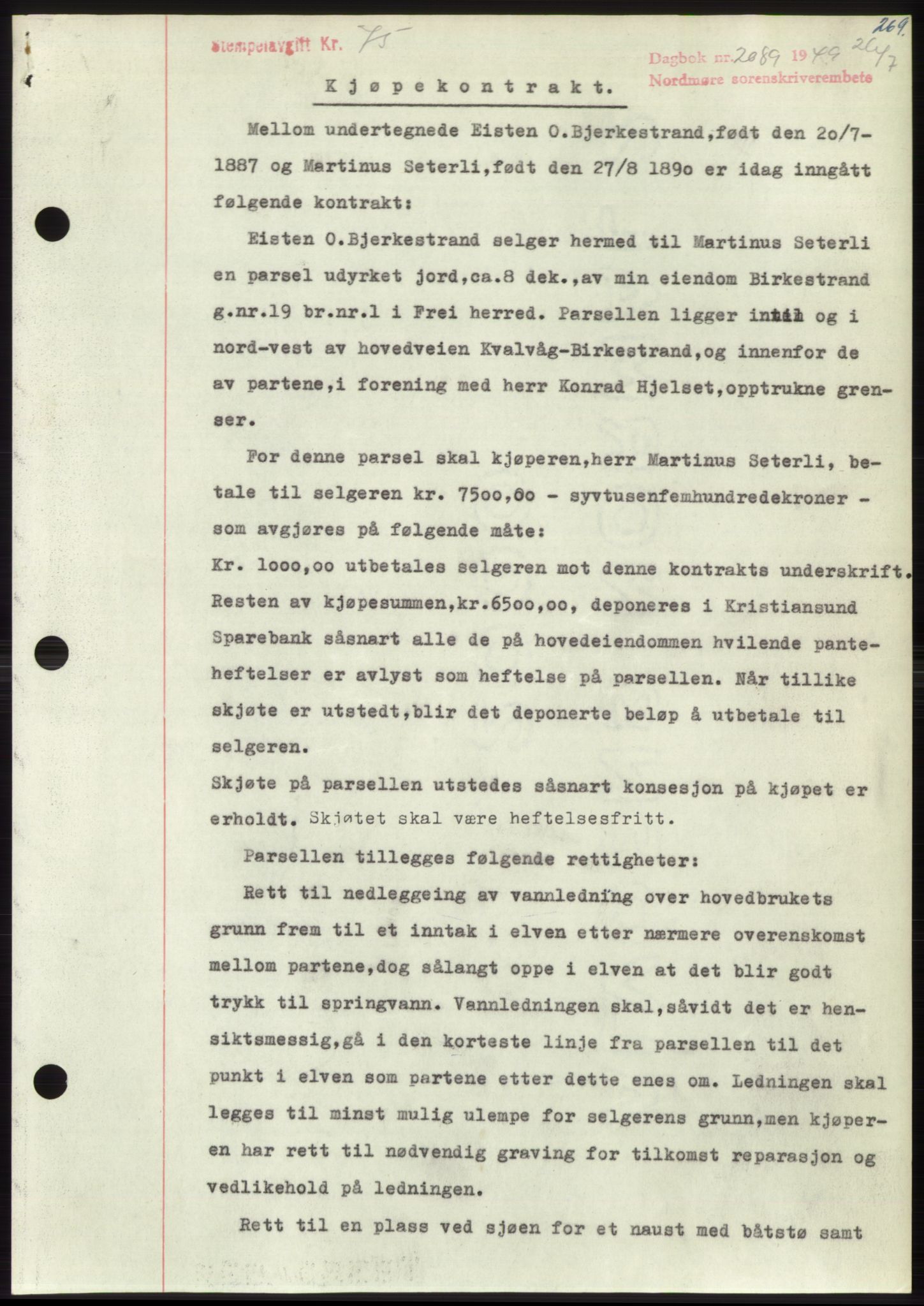 Nordmøre sorenskriveri, SAT/A-4132/1/2/2Ca: Pantebok nr. B102, 1949-1949, Dagboknr: 2089/1949